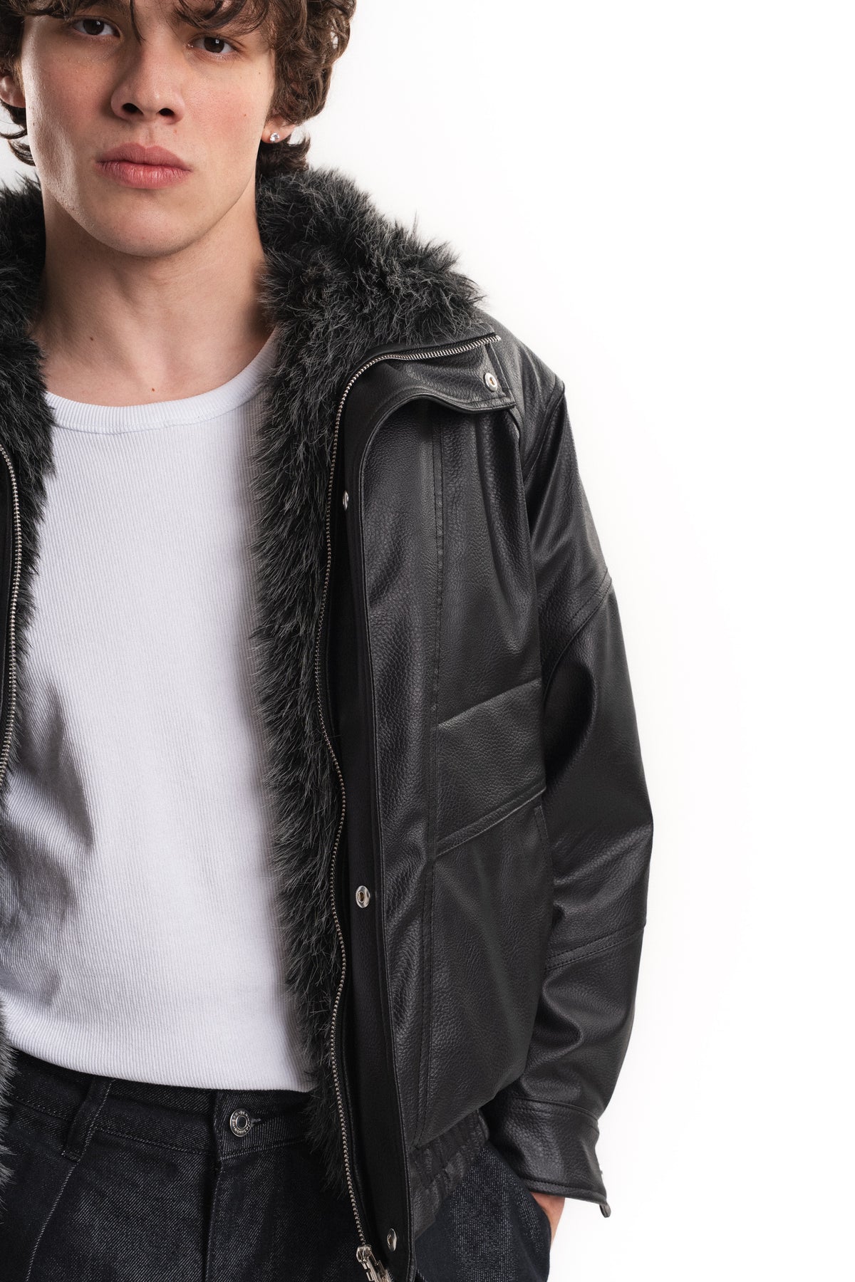 Kürk Detaylı Oversize Deri Mont - Siyah