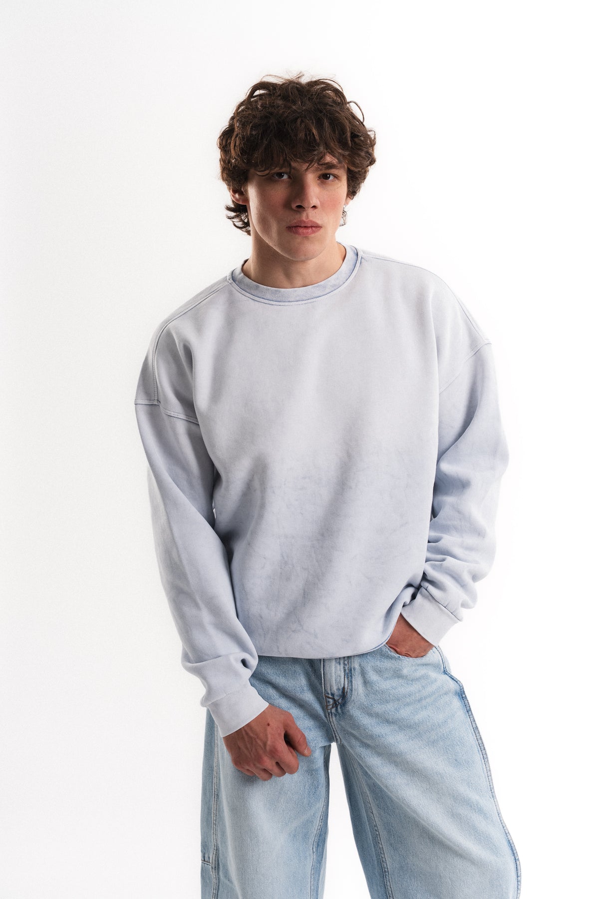 Yıkamalı Oversize Bisiklet Yaka Sweatshirt - Açık Mavi