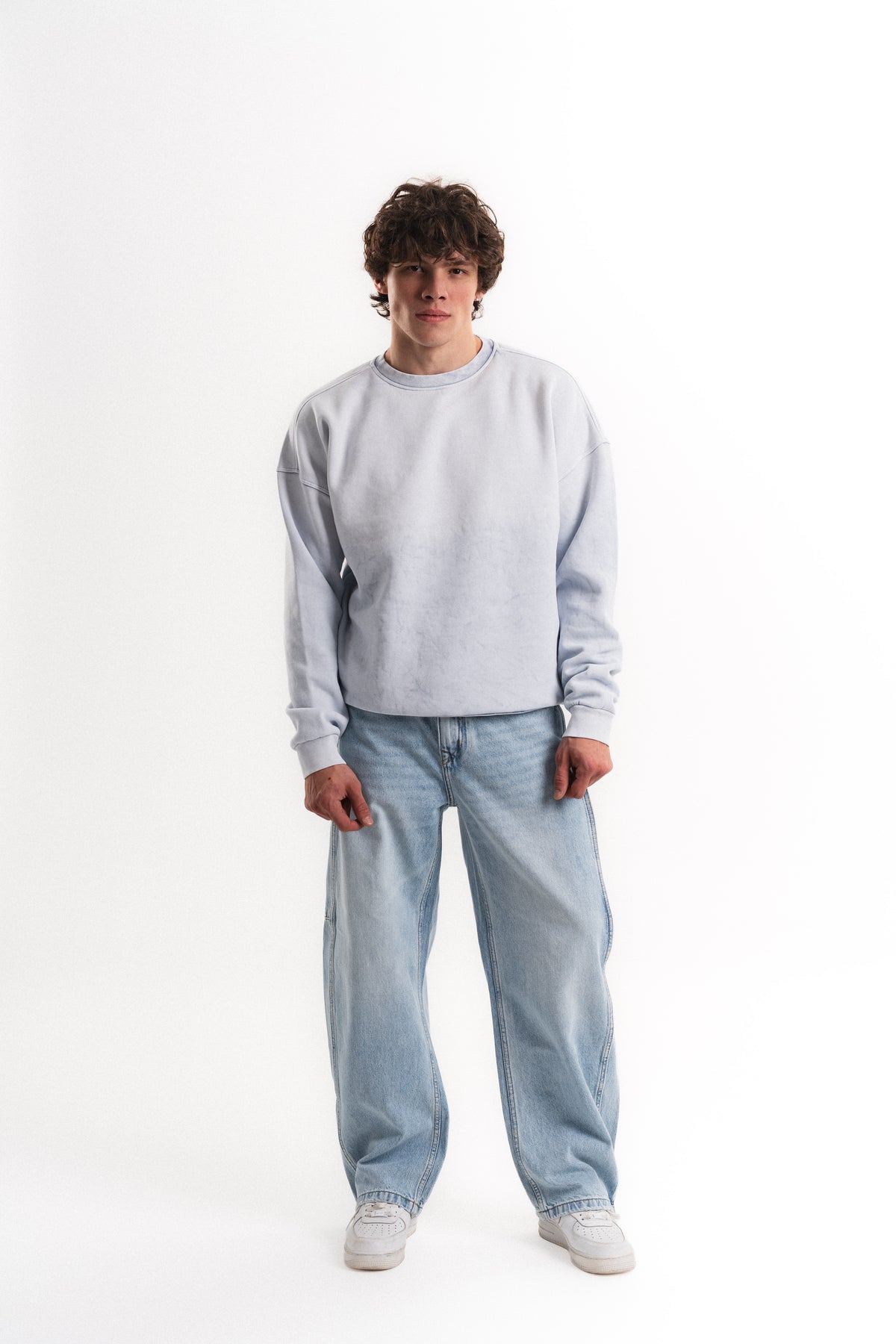 Yıkamalı Oversize Bisiklet Yaka Sweatshirt - Açık Mavi
