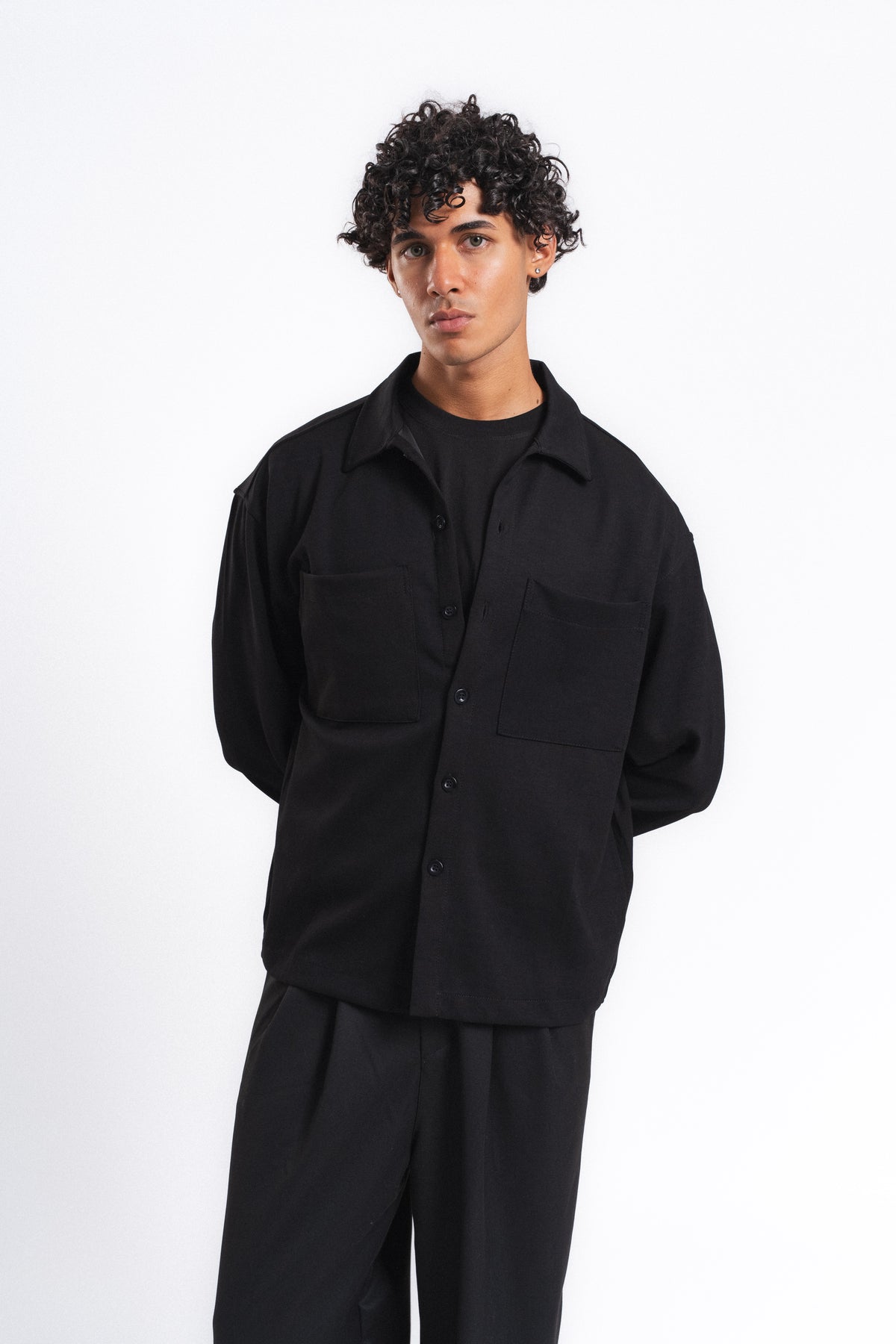 Flow Çift Cep Rahat Kesim Overshirt Gömlek Siyah