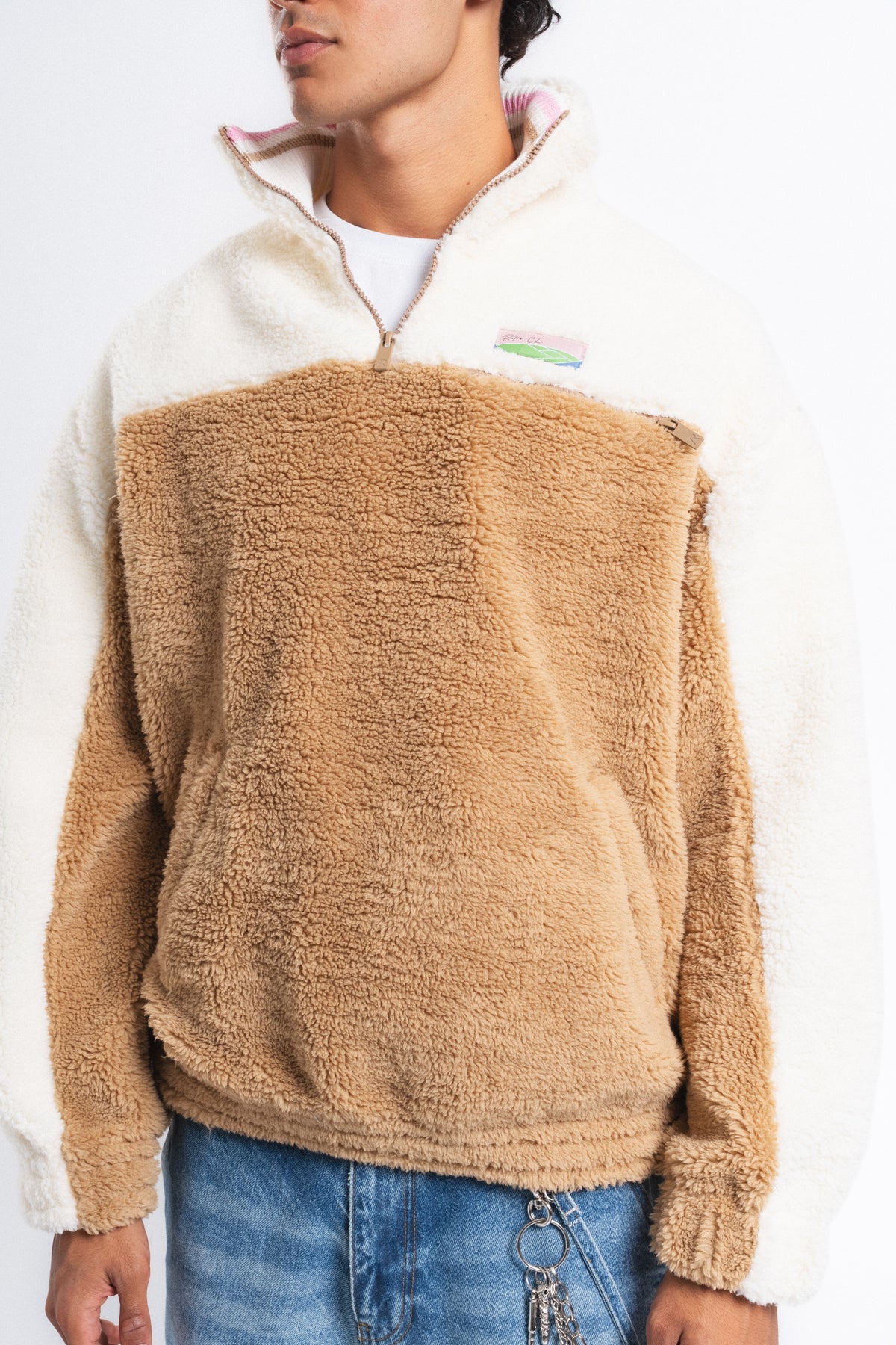 Nordic Renk Bloklu Peluş Sweatshirt Camel