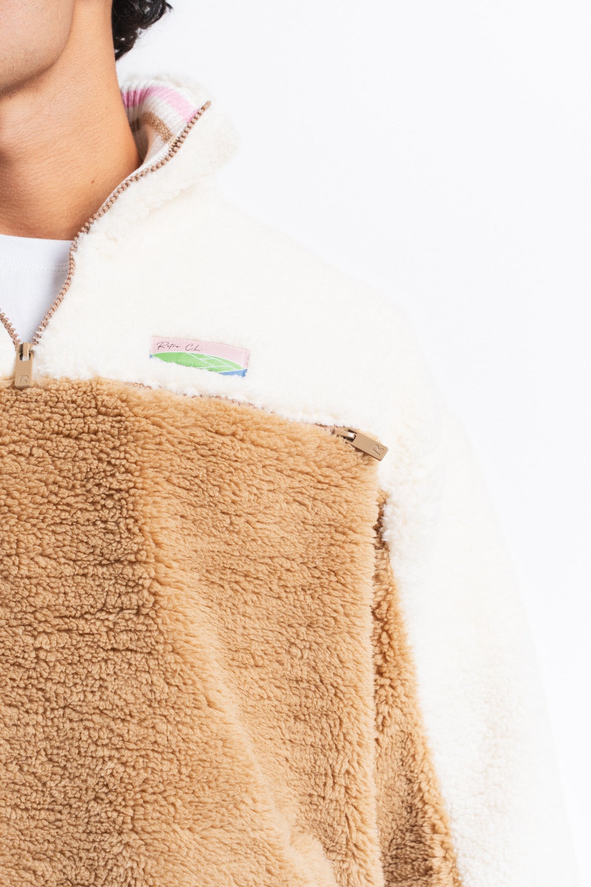 Nordic Renk Bloklu Peluş Sweatshirt Camel