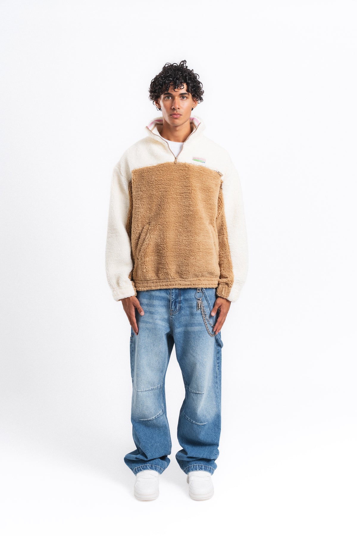 Nordic Renk Bloklu Peluş Sweatshirt Camel