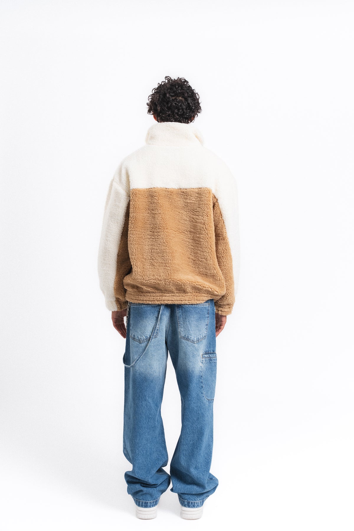 Nordic Renk Bloklu Peluş Sweatshirt Camel