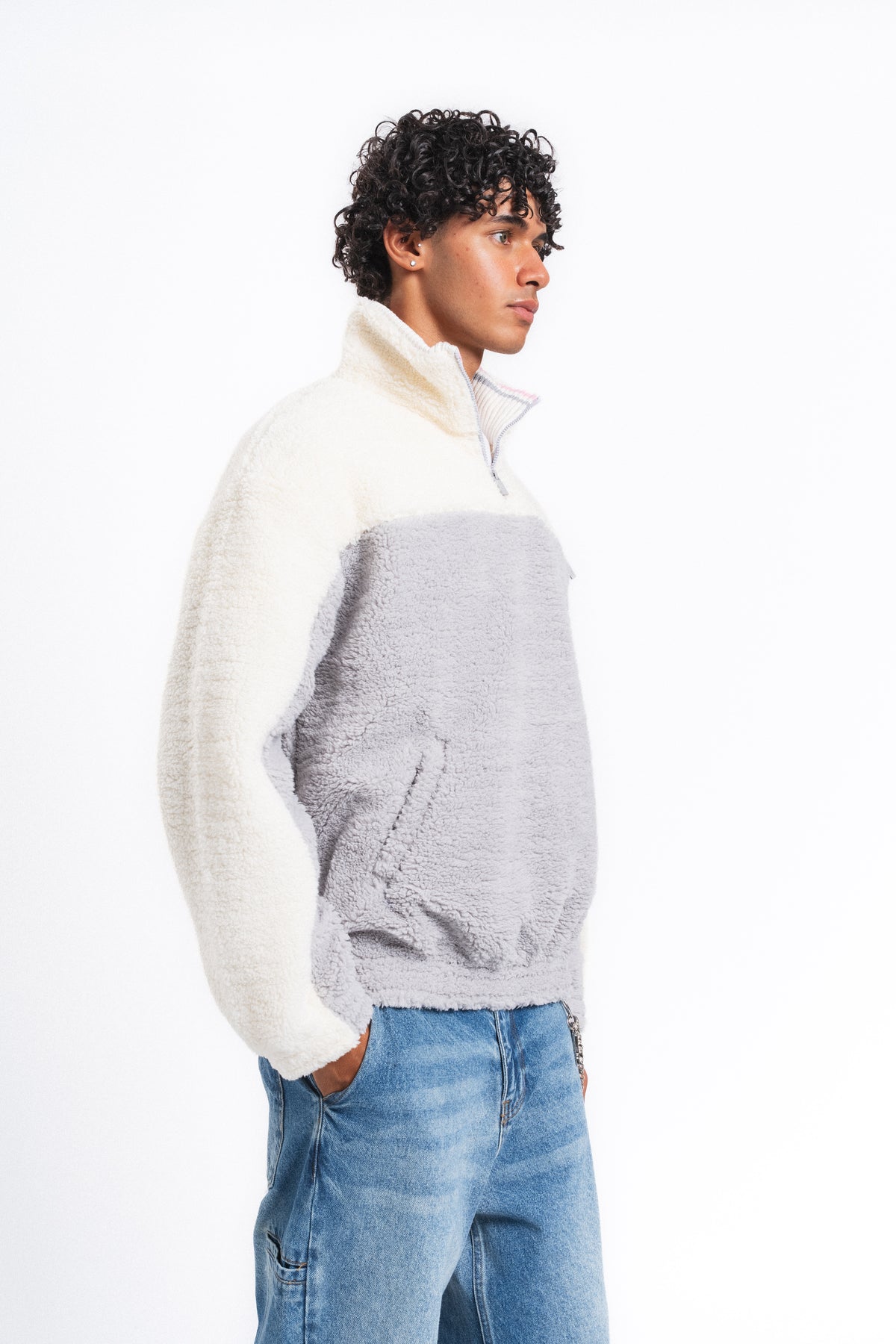 Nordic Renk Bloklu Peluş Sweatshirt Gri