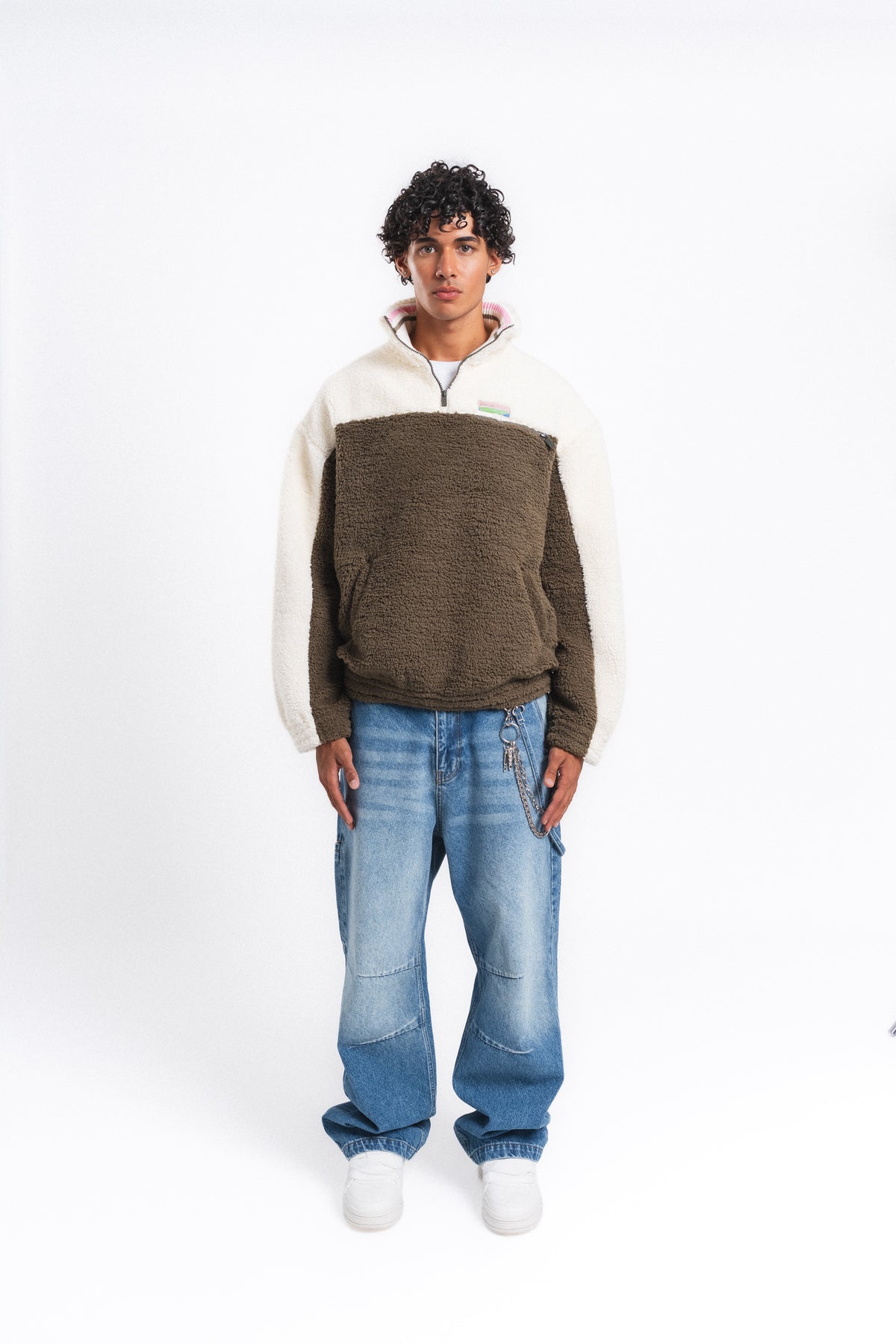 Nordic Renk Bloklu Peluş Sweatshirt Haki