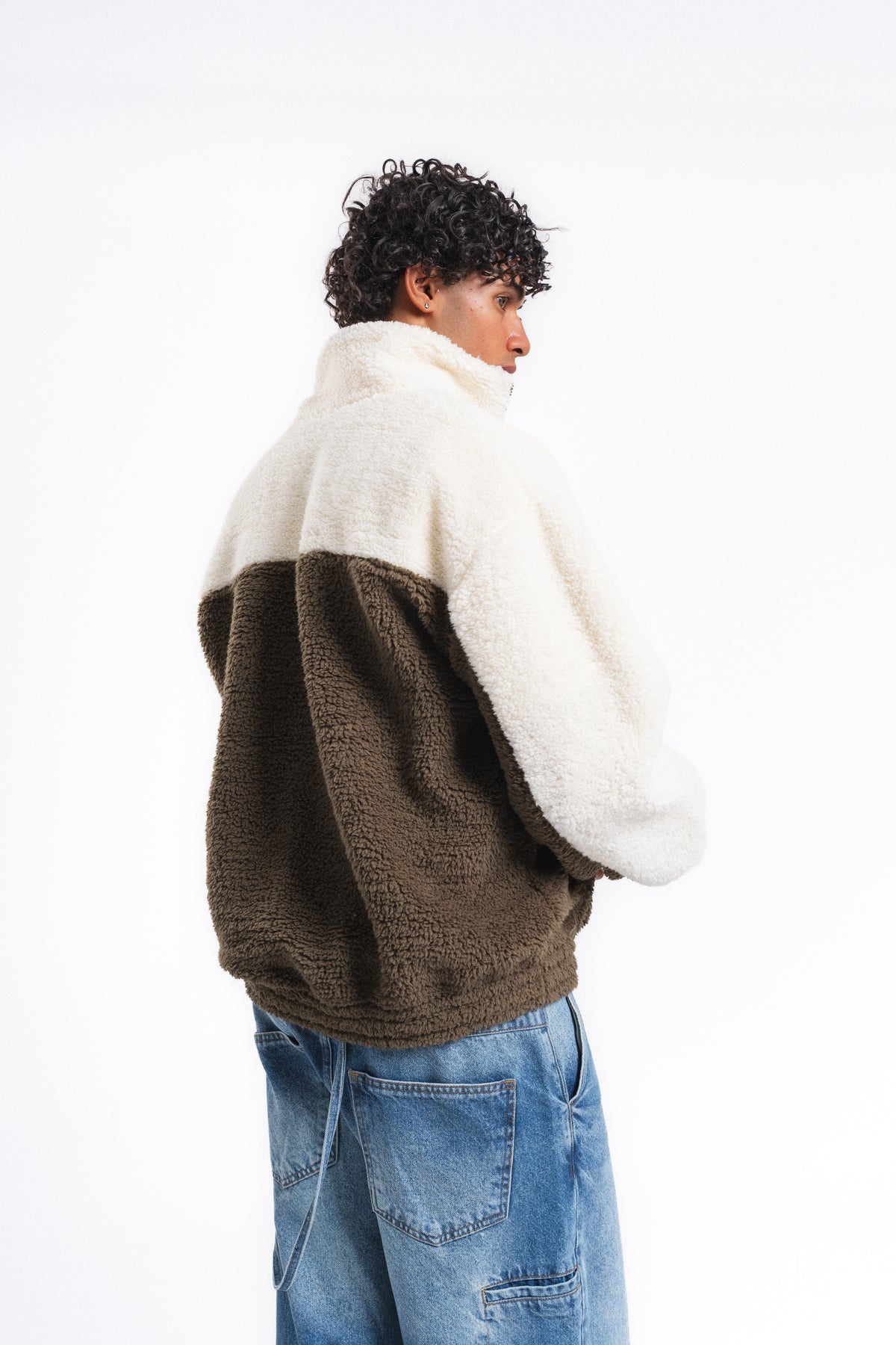 Nordic Renk Bloklu Peluş Sweatshirt Haki