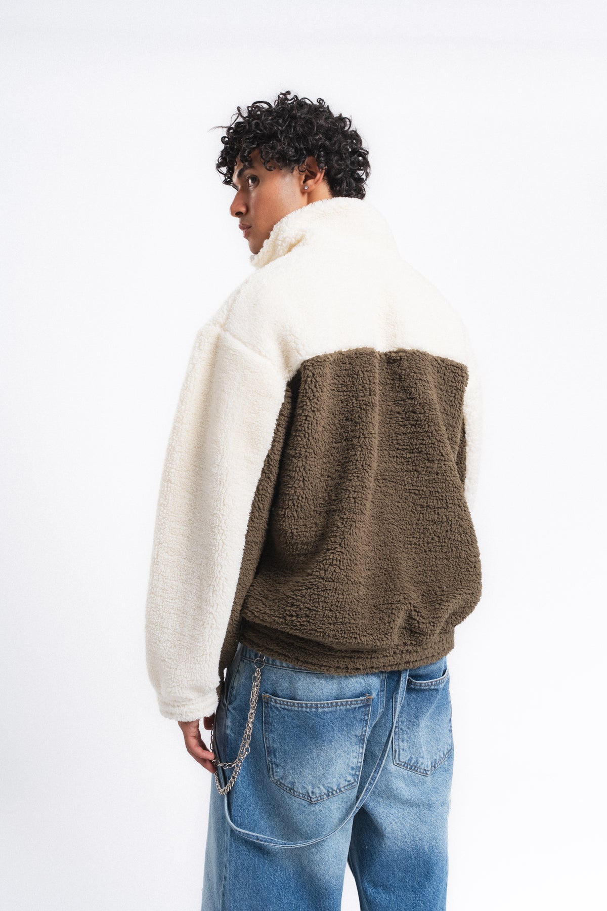 Nordic Renk Bloklu Peluş Sweatshirt Haki