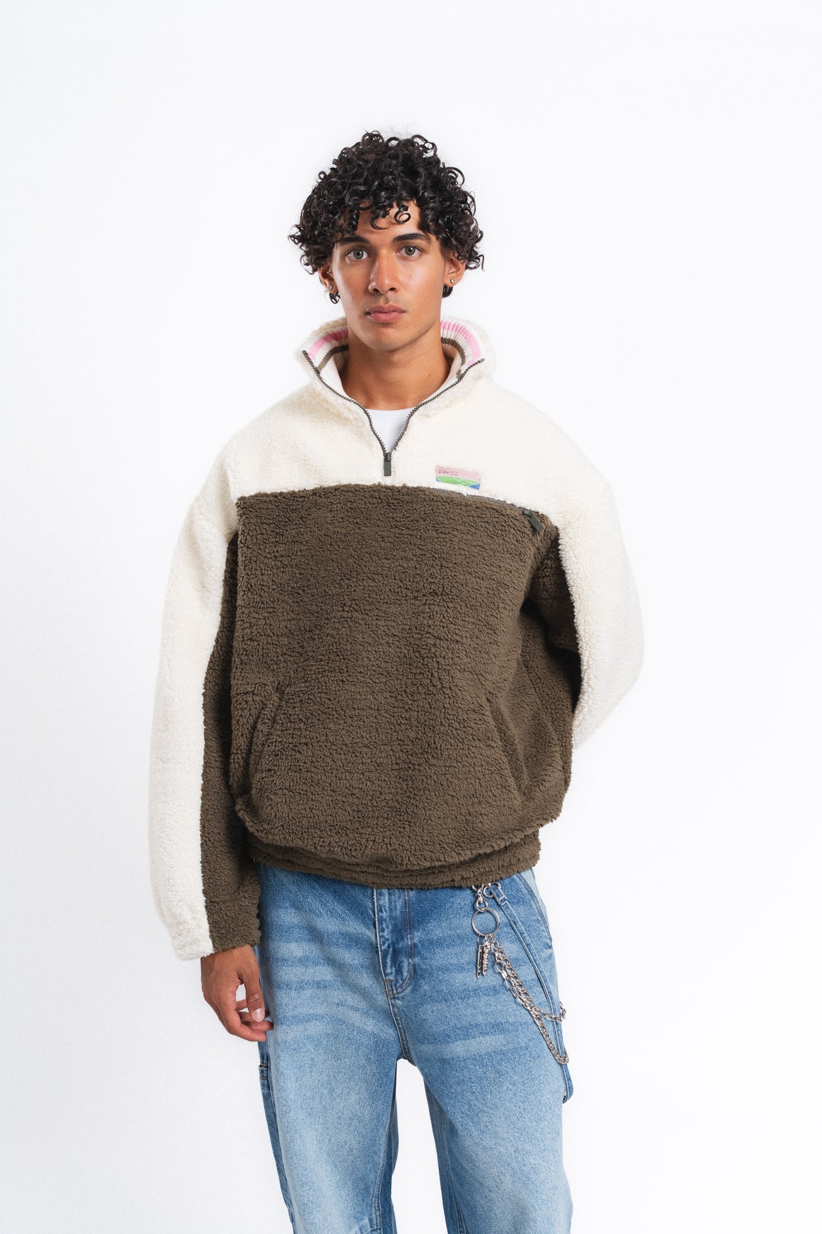 Nordic Renk Bloklu Peluş Sweatshirt Haki