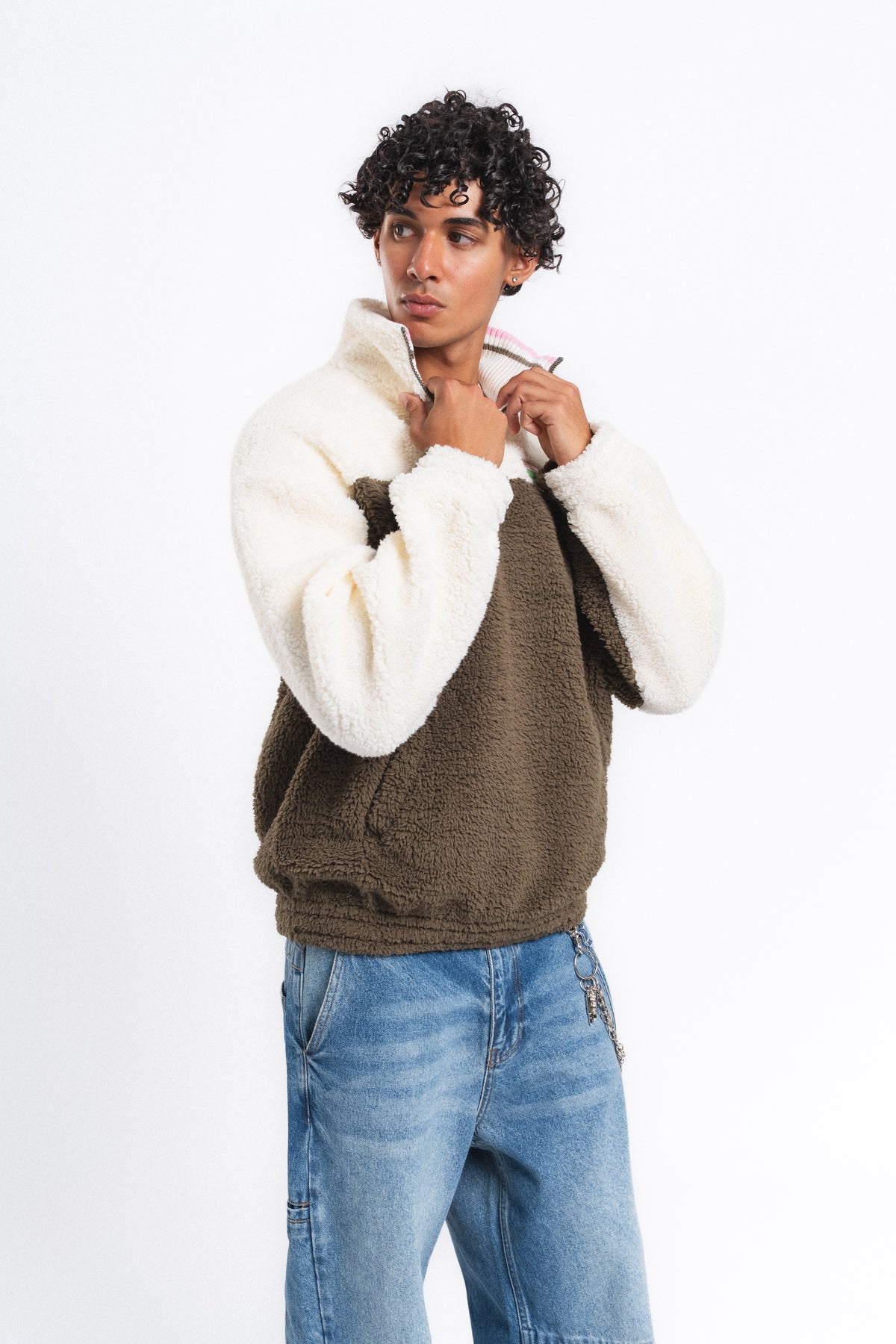 Nordic Renk Bloklu Peluş Sweatshirt Haki