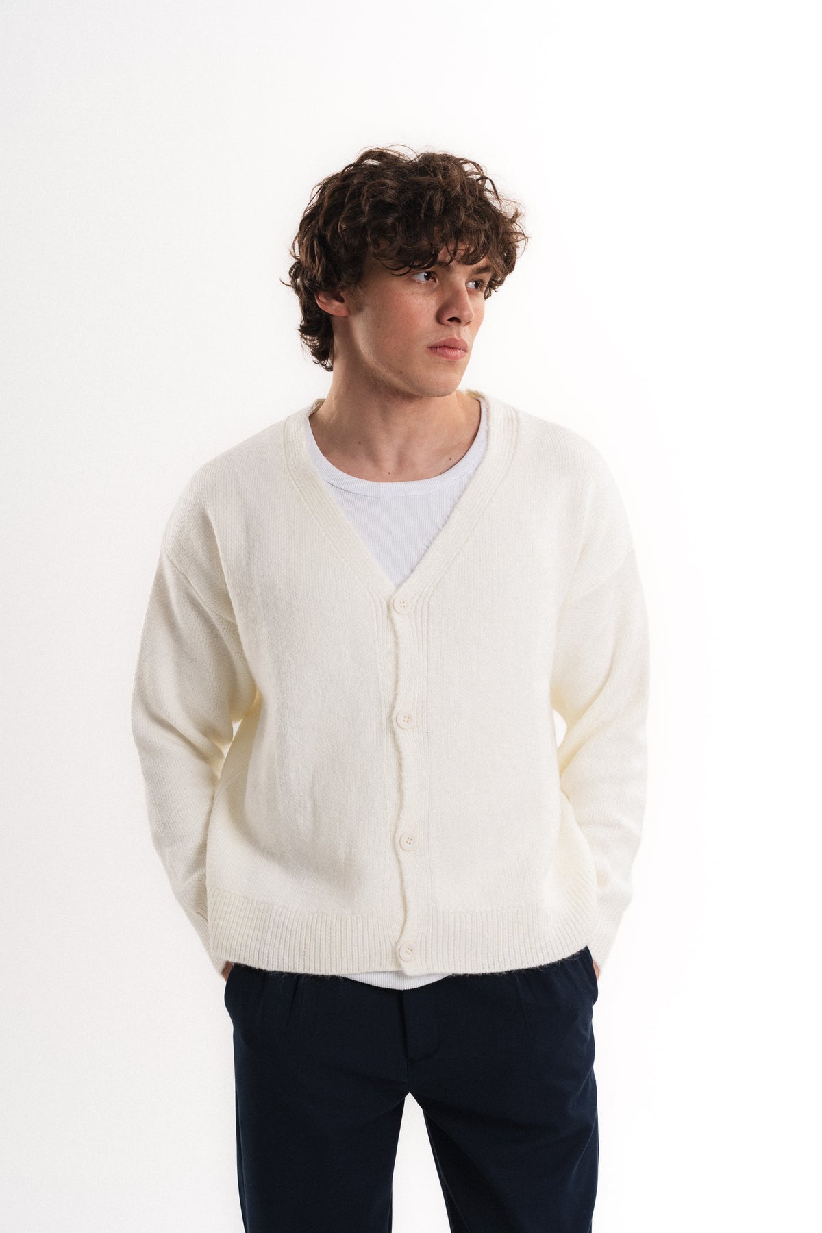 Oversize V Yaka Şardonlu Hırka - Ekru