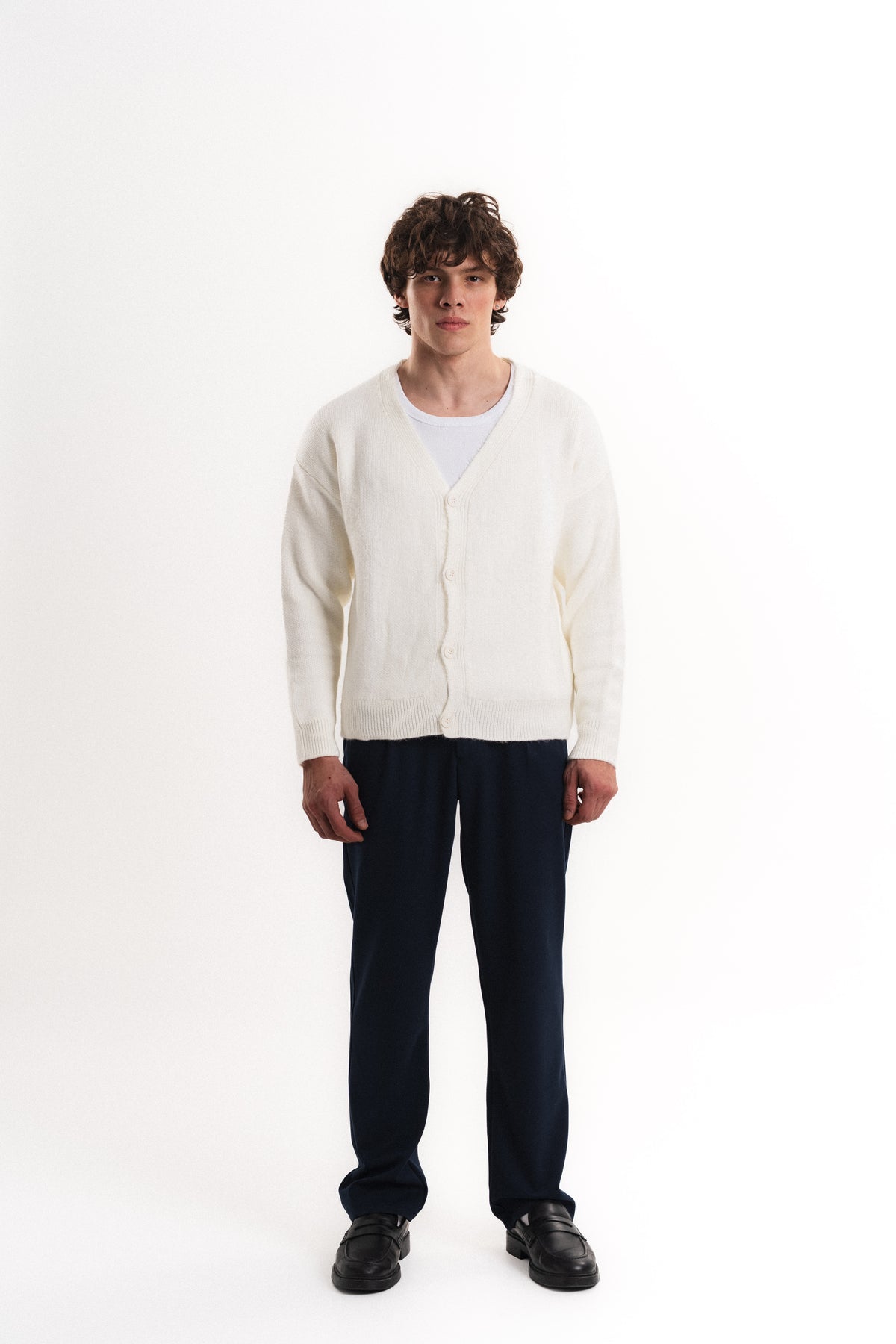 Oversize V Yaka Şardonlu Hırka - Ekru