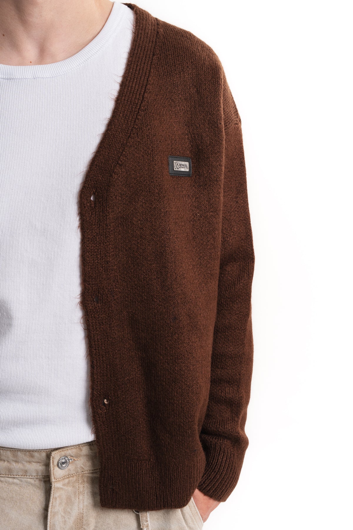 Oversize V Yaka Şardonlu Hırka - Kahverengi