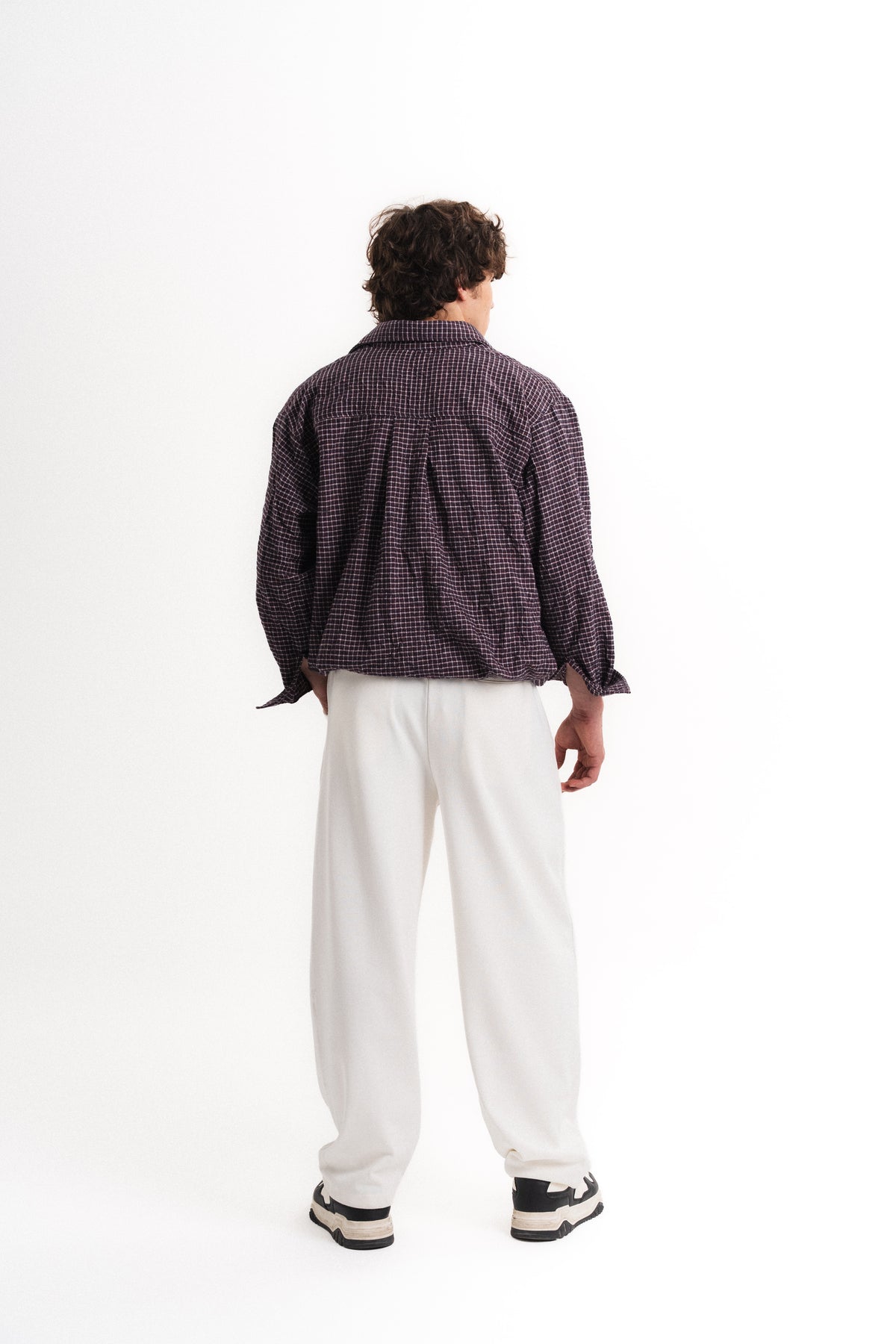 Kareli Oversize Crop Kraş Gömlek - Mürdüm
