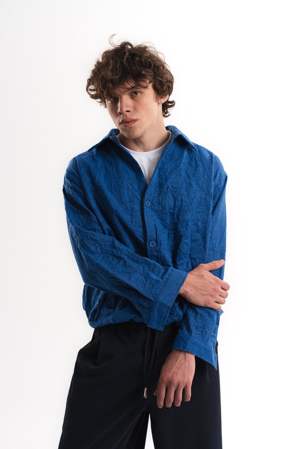 Oversize Crop Kraş Gömlek - Saks Mavisi
