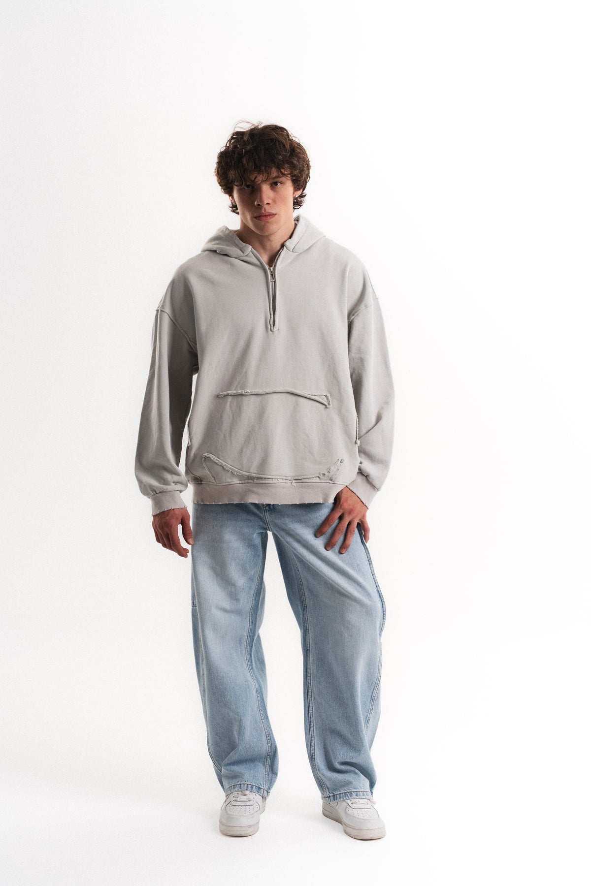Yarım Fermuarlı Oversize Kapüşonlu Sweatshirt - Açık Gri