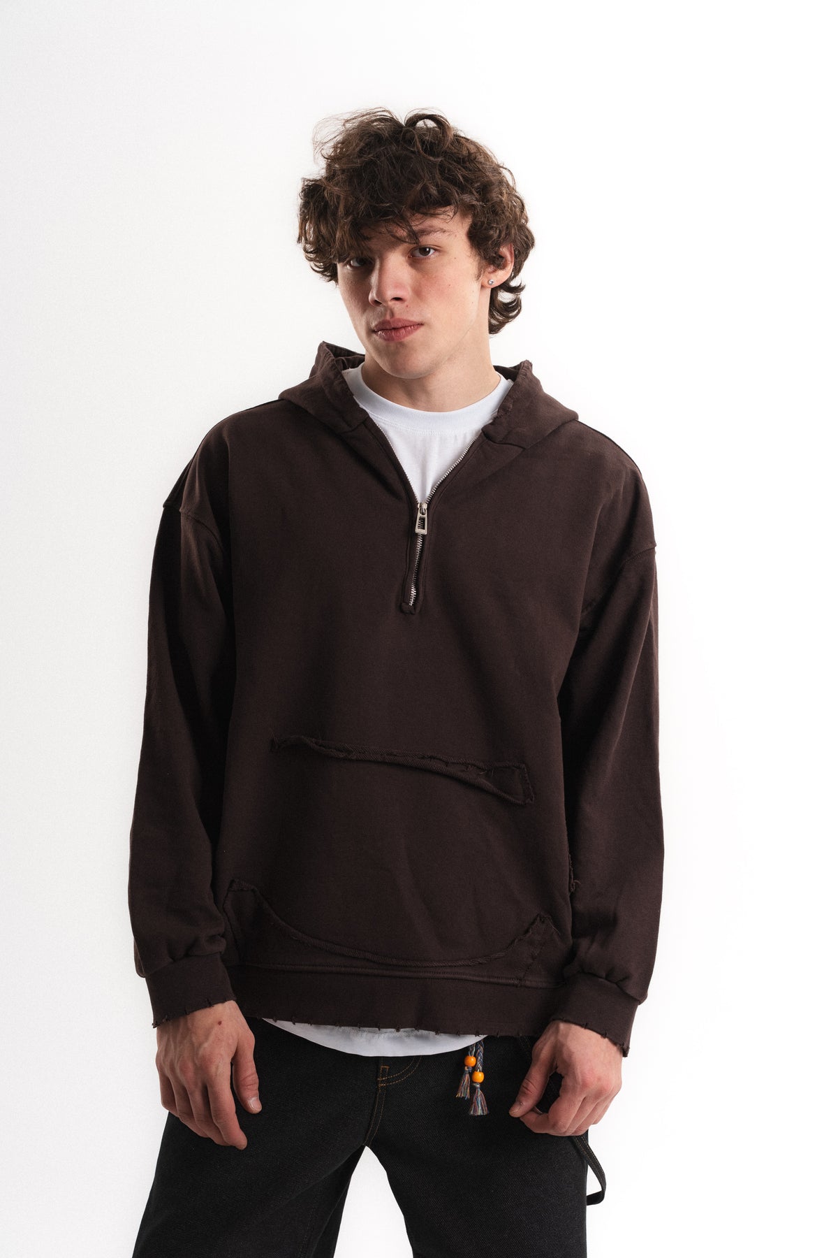 Yarım Fermuarlı Oversize Kapüşonlu Sweatshirt - Kahverengi