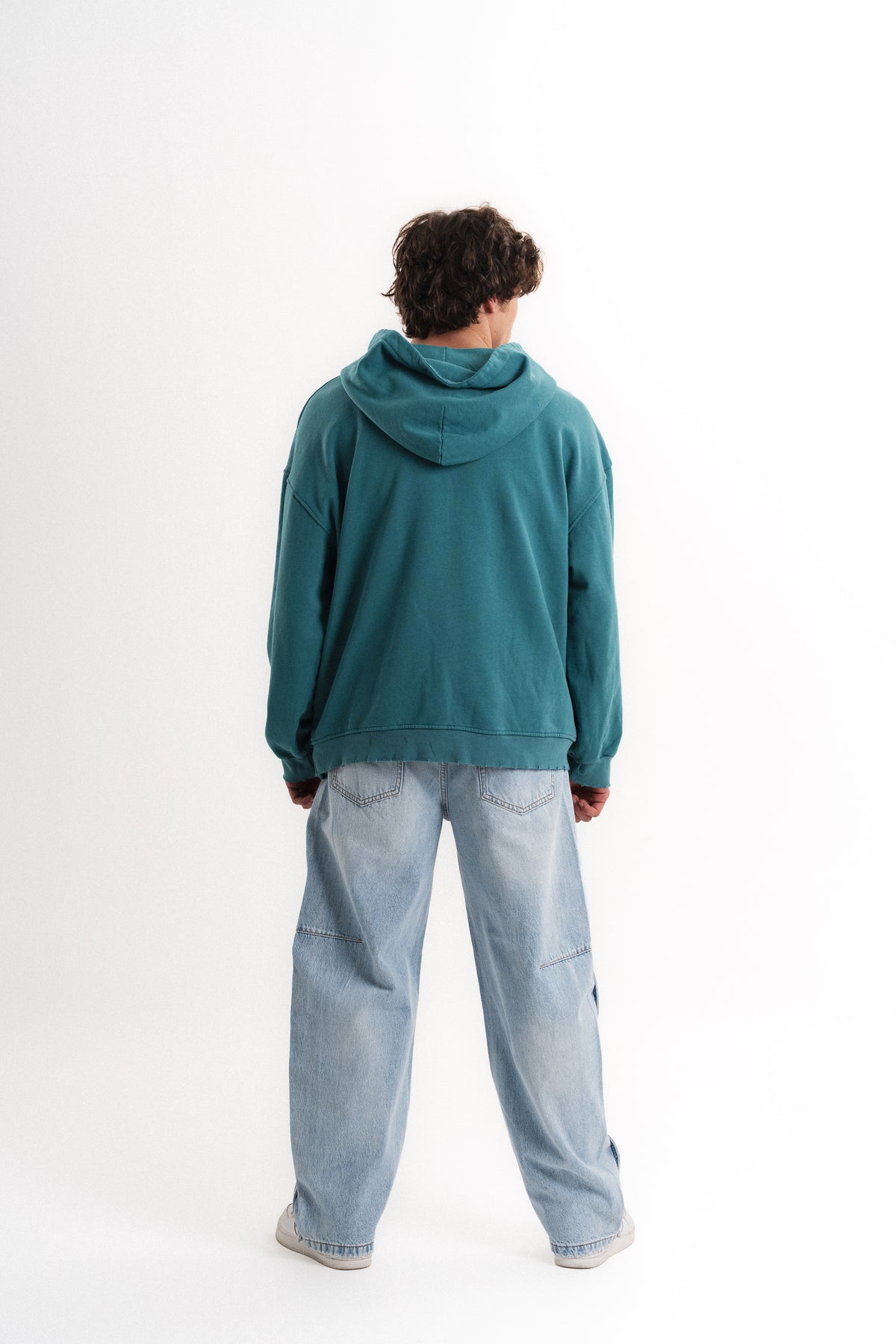 Yarım Fermuarlı Oversize Kapüşonlu Sweatshirt - Petrol