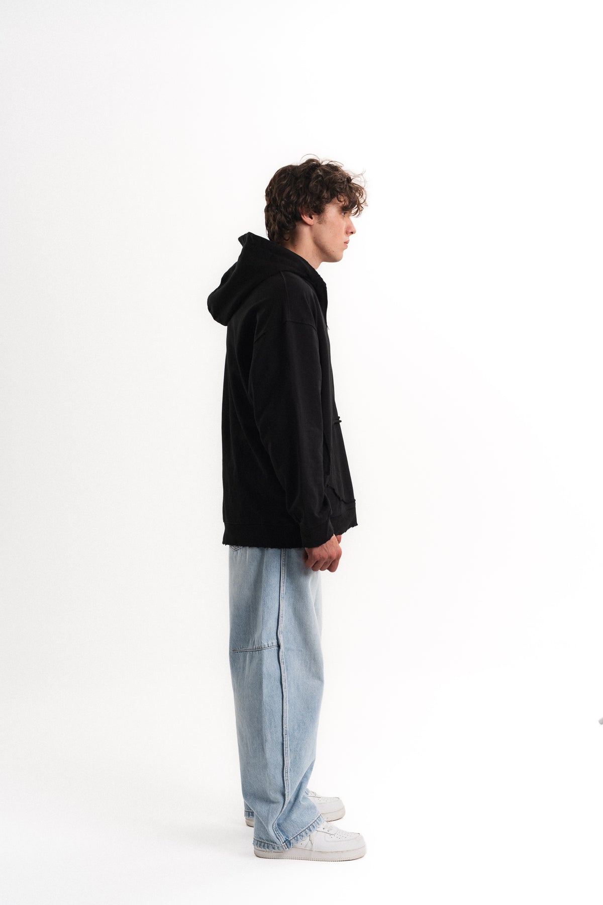 Yarım Fermuarlı Oversize Kapüşonlu Sweatshirt - Siyah
