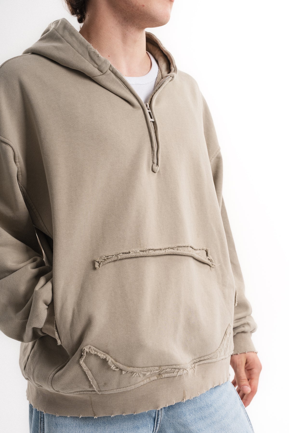 Yarım Fermuarlı Oversize Kapüşonlu Sweatshirt - Taş