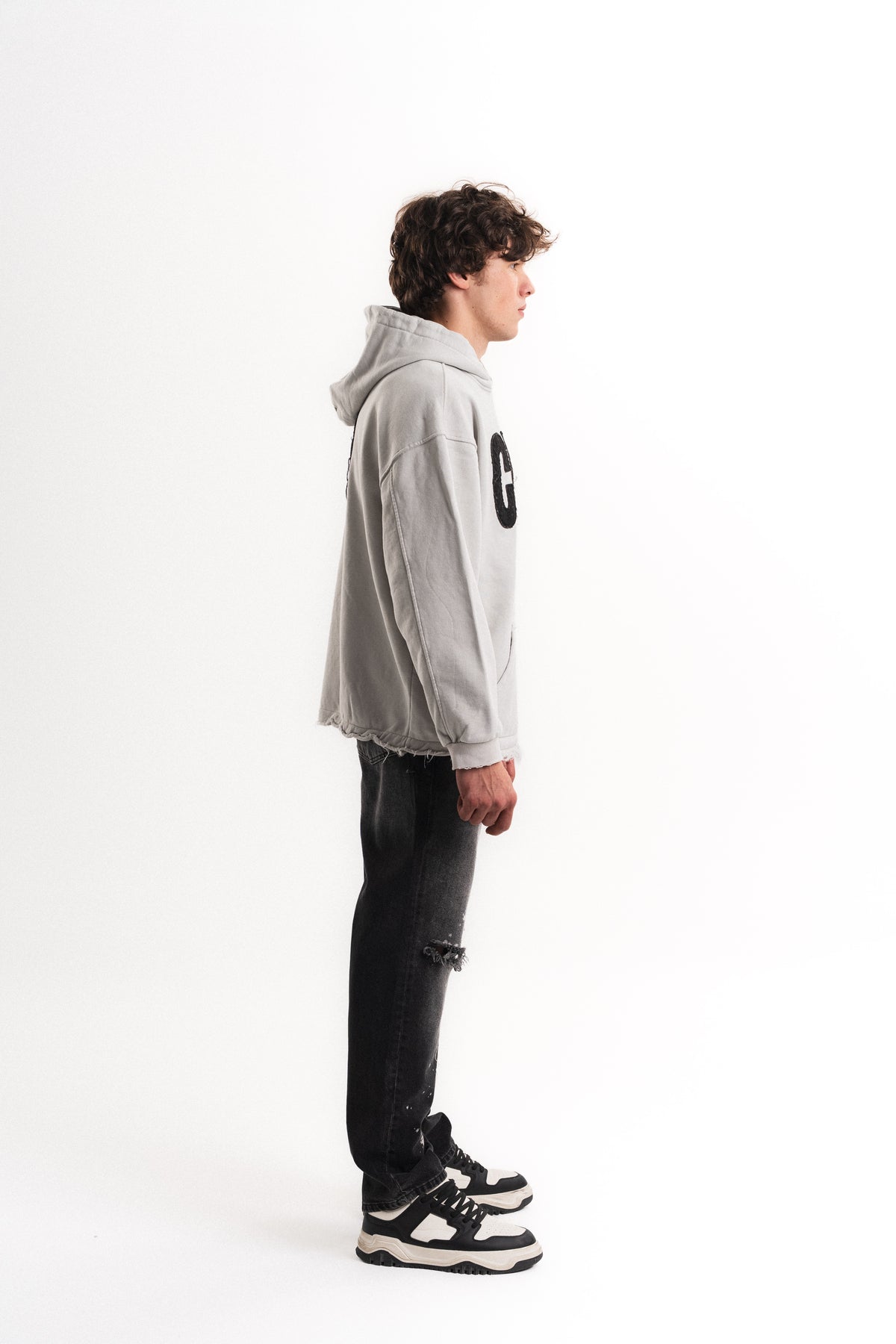 Nakışlı Oversize Kapüşonlu Sweatshirt - Açık Gri