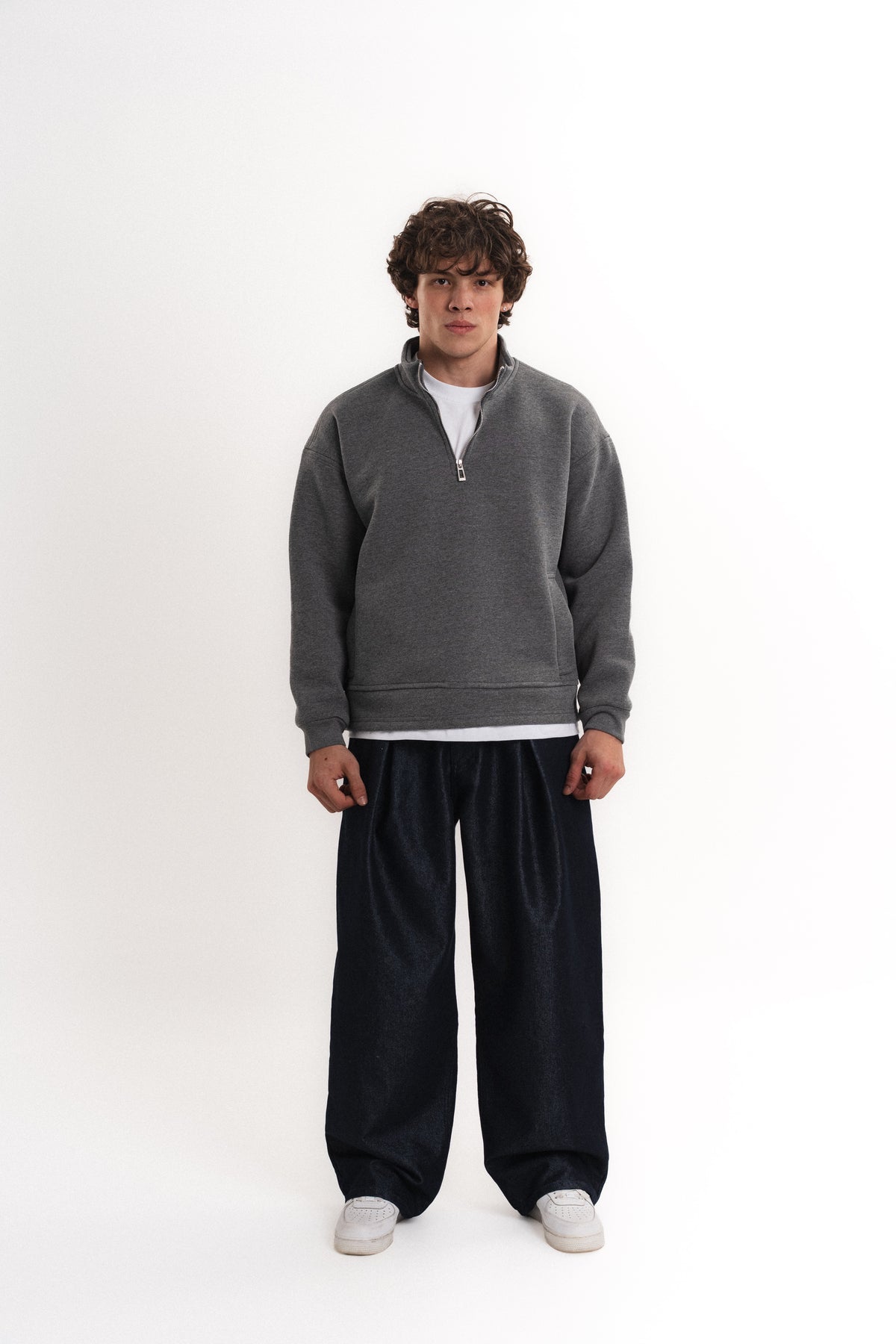 Oversize Yarım Fermuarlı Üç İplik Sweatshirt - Antrasit