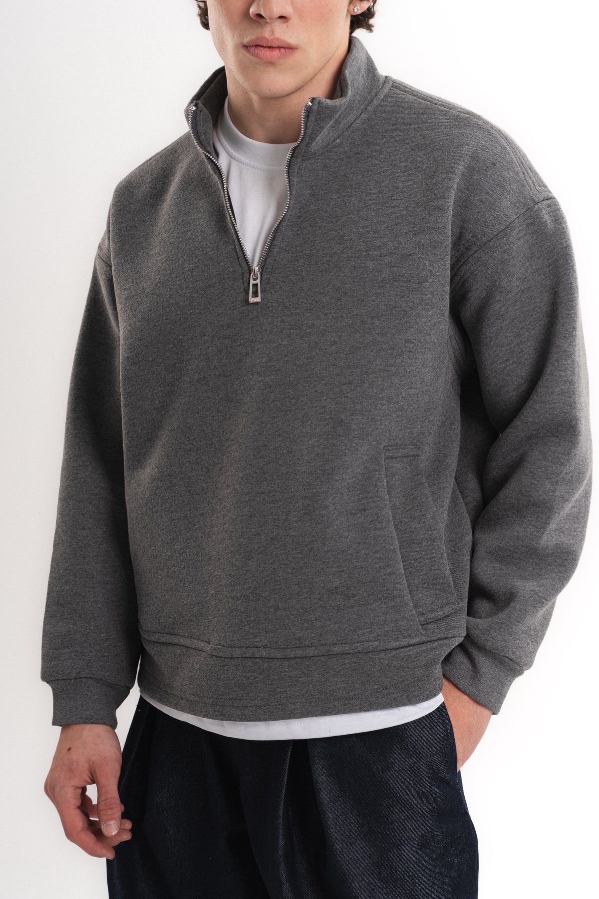 Oversize Yarım Fermuarlı Üç İplik Sweatshirt - Antrasit