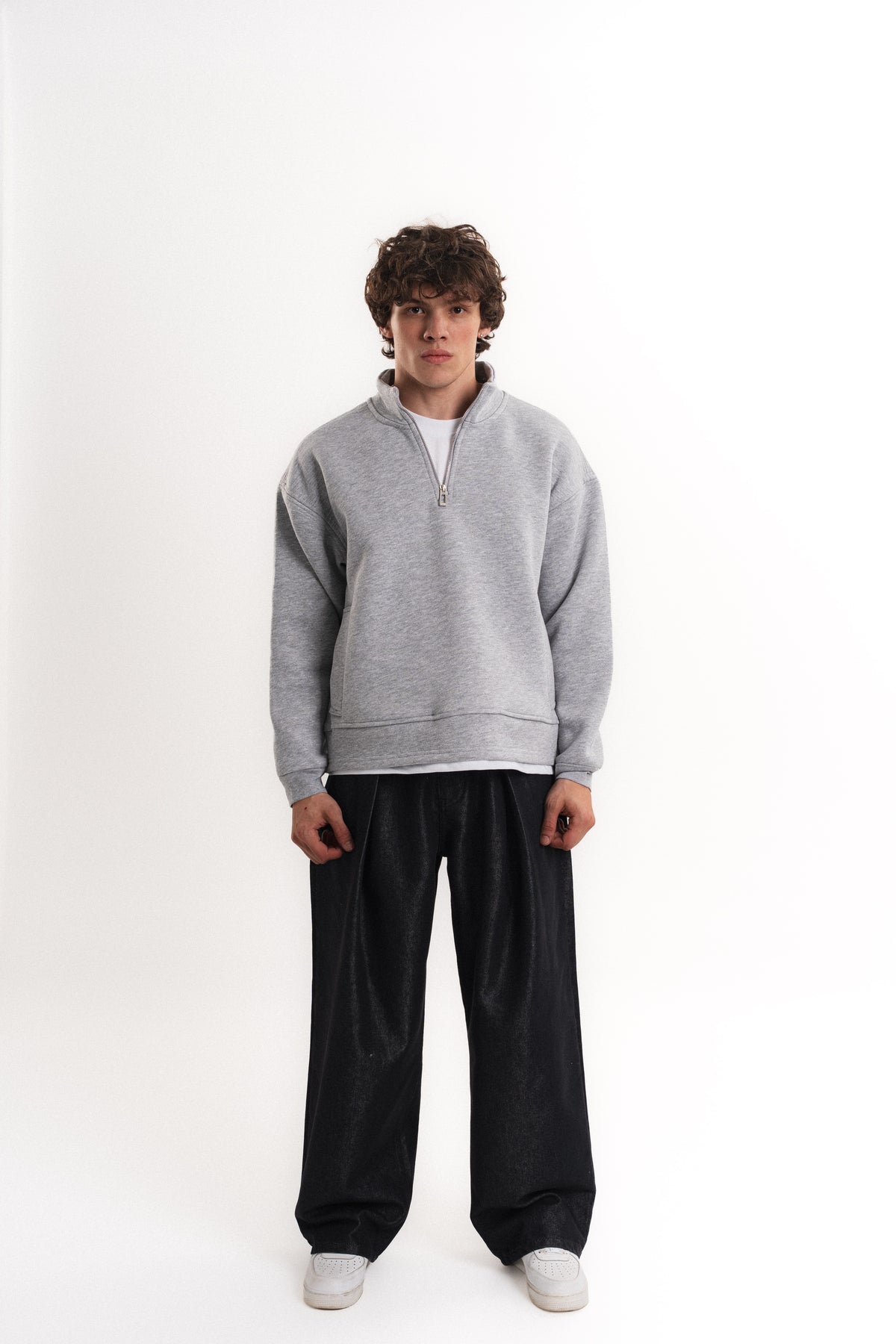 Oversize Yarım Fermuarlı Üç İplik Sweatshirt - Gri