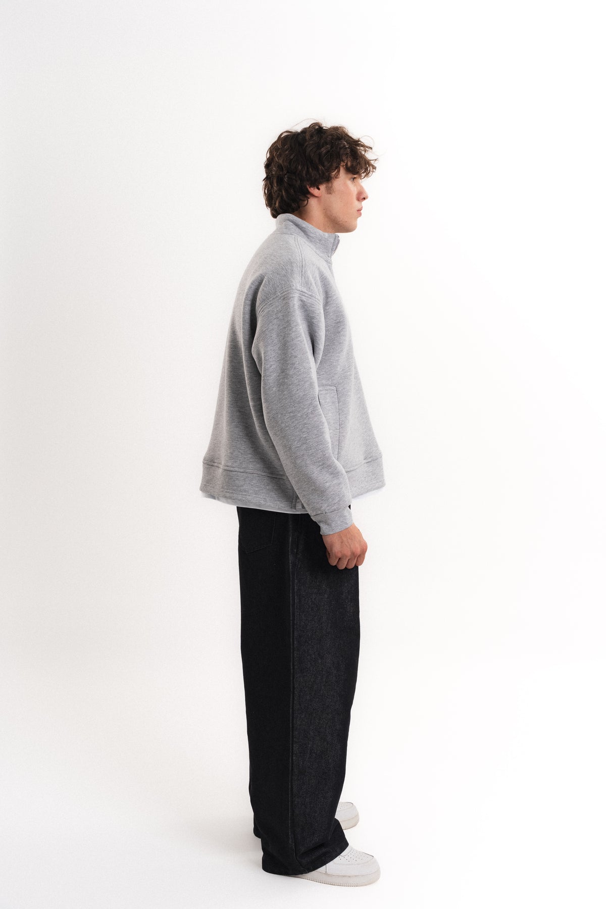 Oversize Yarım Fermuarlı Üç İplik Sweatshirt - Gri