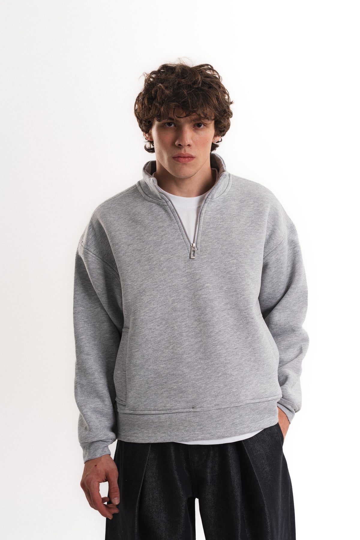 Oversize Yarım Fermuarlı Üç İplik Sweatshirt - Gri