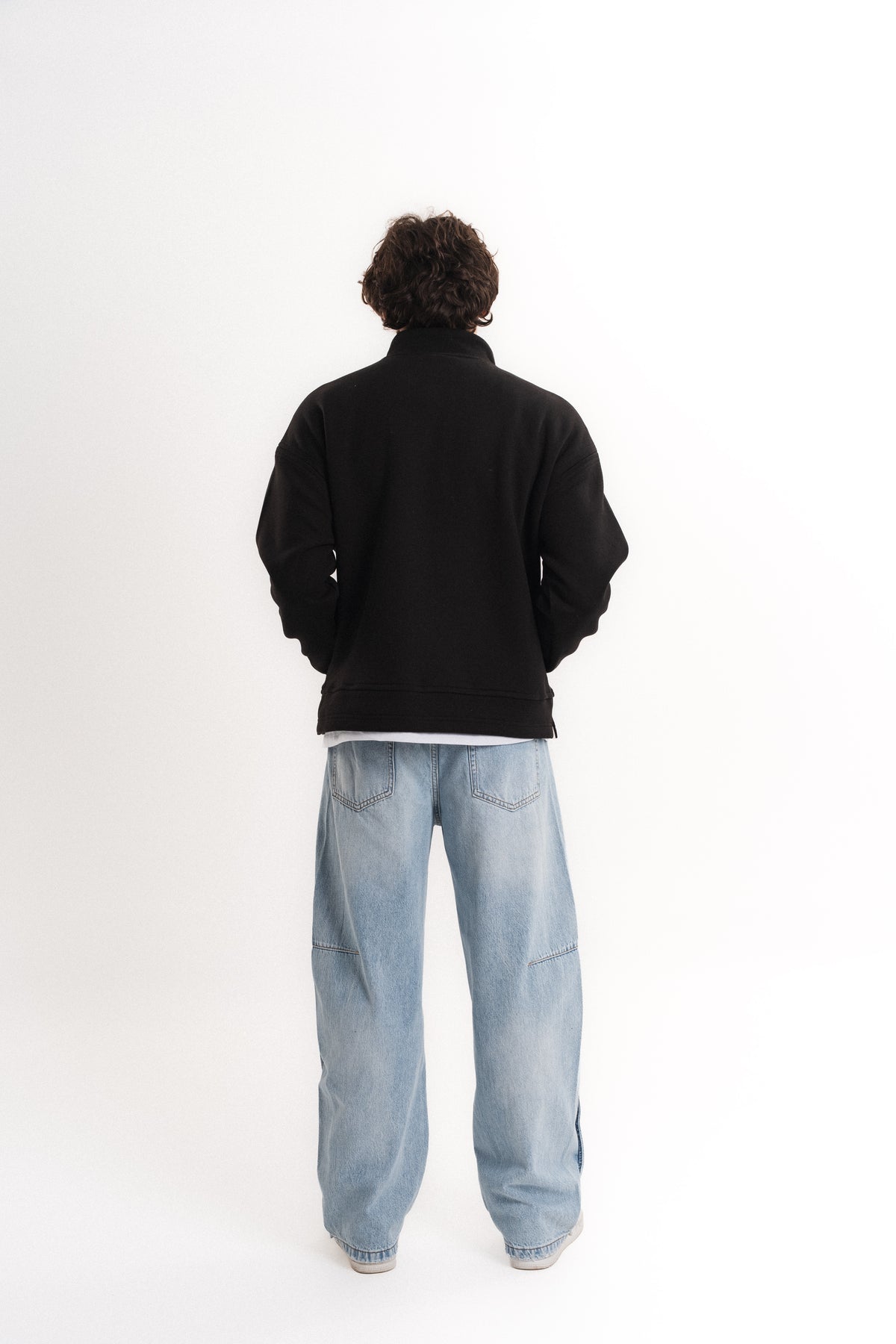 Oversize Yarım Fermuarlı Üç İplik Sweatshirt - Siyah