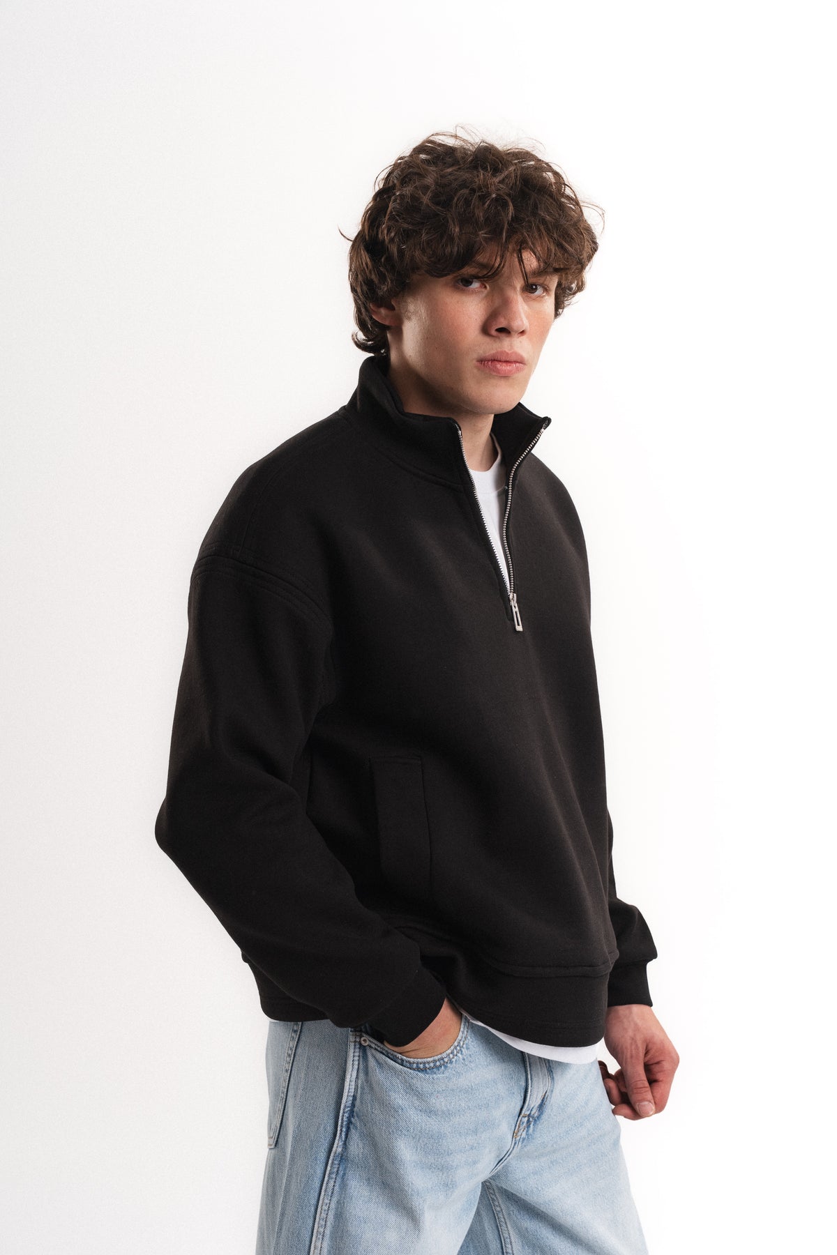 Oversize Yarım Fermuarlı Üç İplik Sweatshirt - Siyah