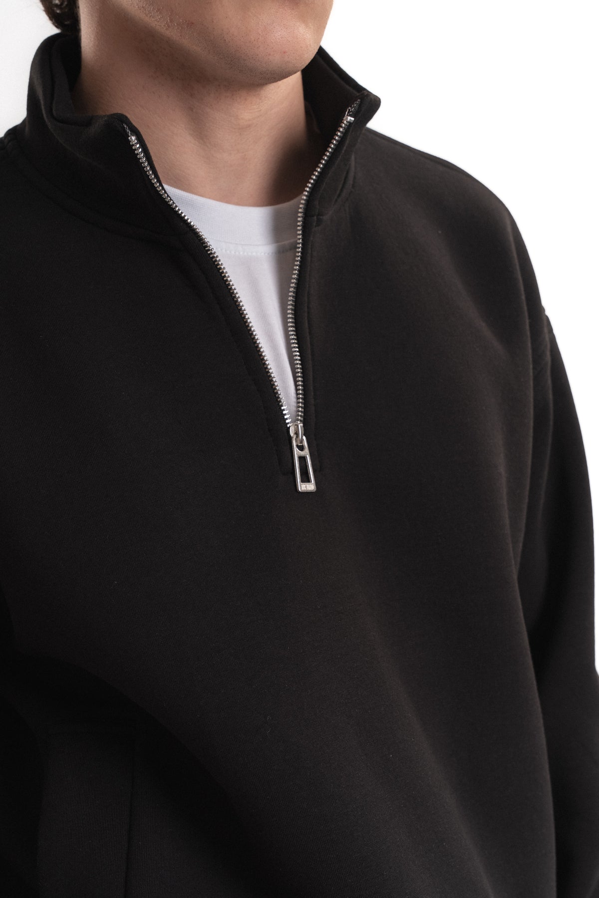 Oversize Yarım Fermuarlı Üç İplik Sweatshirt - Siyah