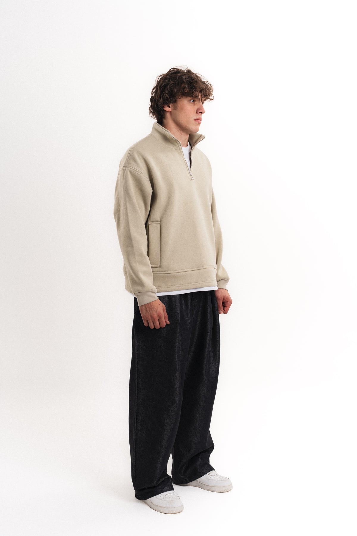 Oversize Yarım Fermuarlı Üç İplik Sweatshirt - Taş