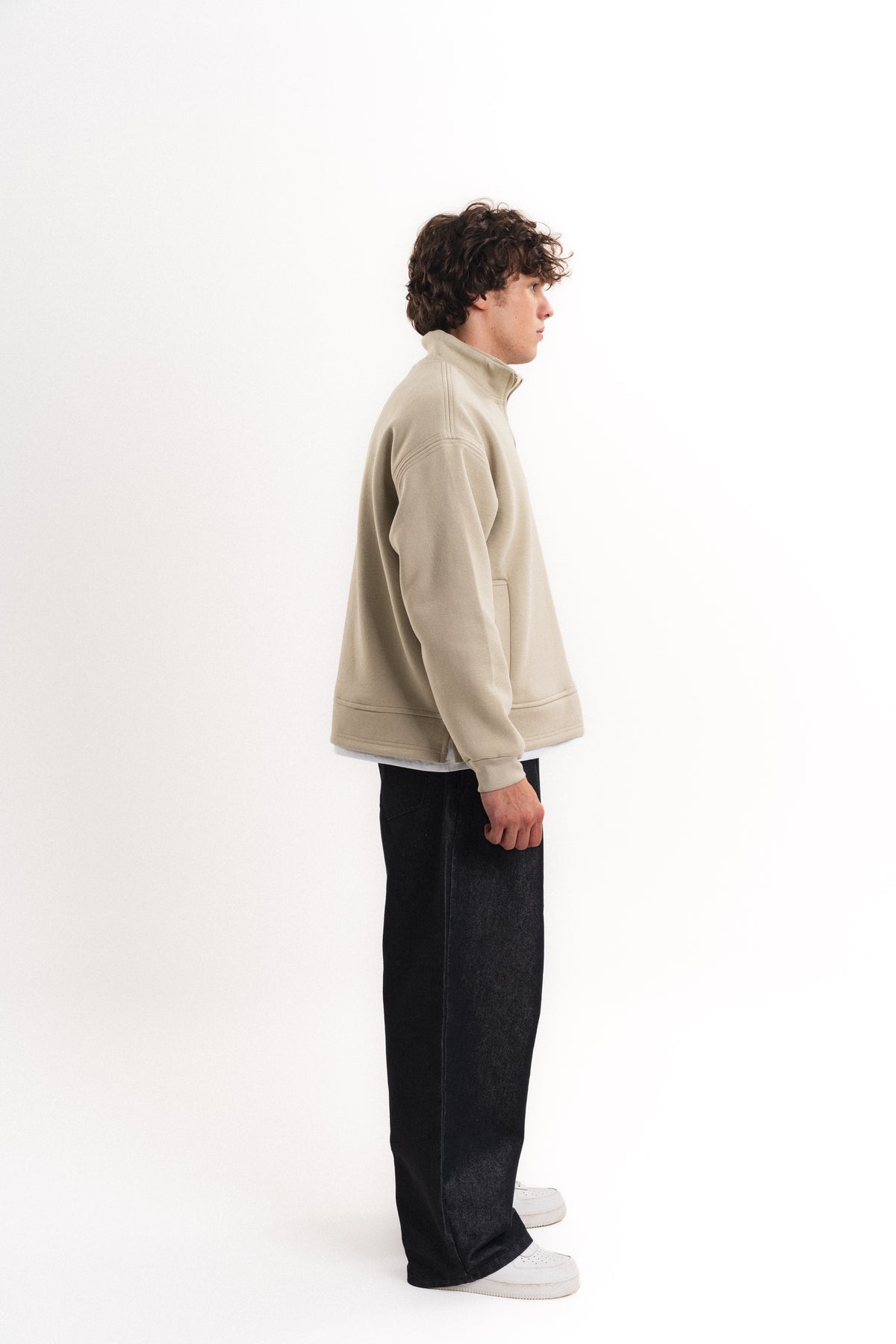 Oversize Yarım Fermuarlı Üç İplik Sweatshirt - Taş