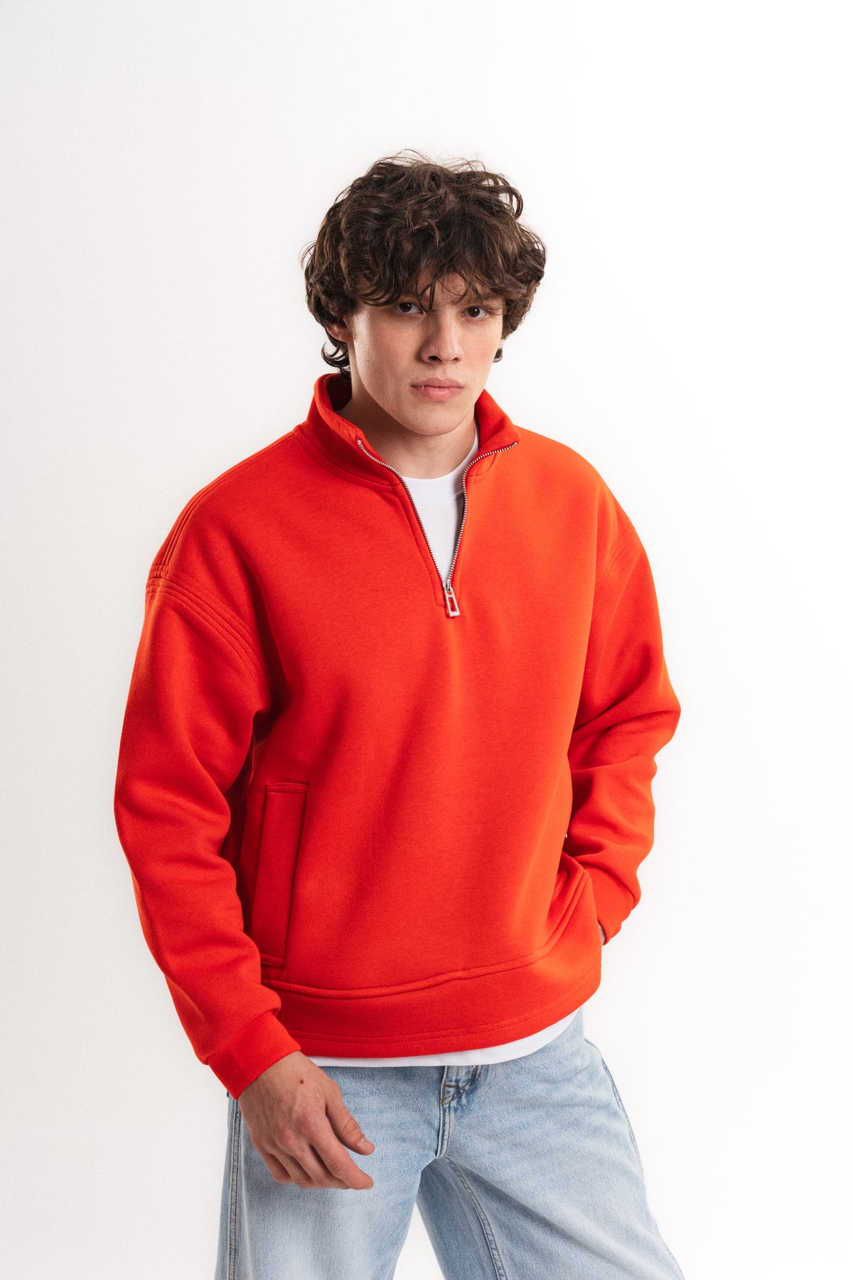 Oversize Yarım Fermuarlı Üç İplik Sweatshirt - Turuncu