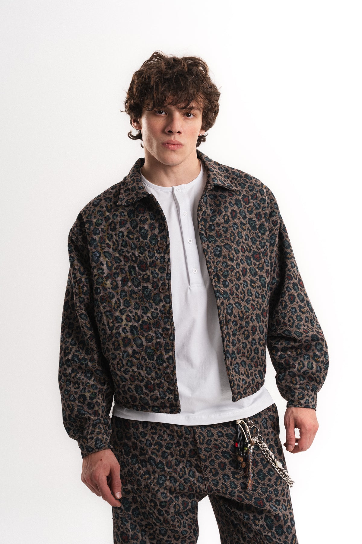 Leopar Desenli Oversize Crop Ceket - Haki