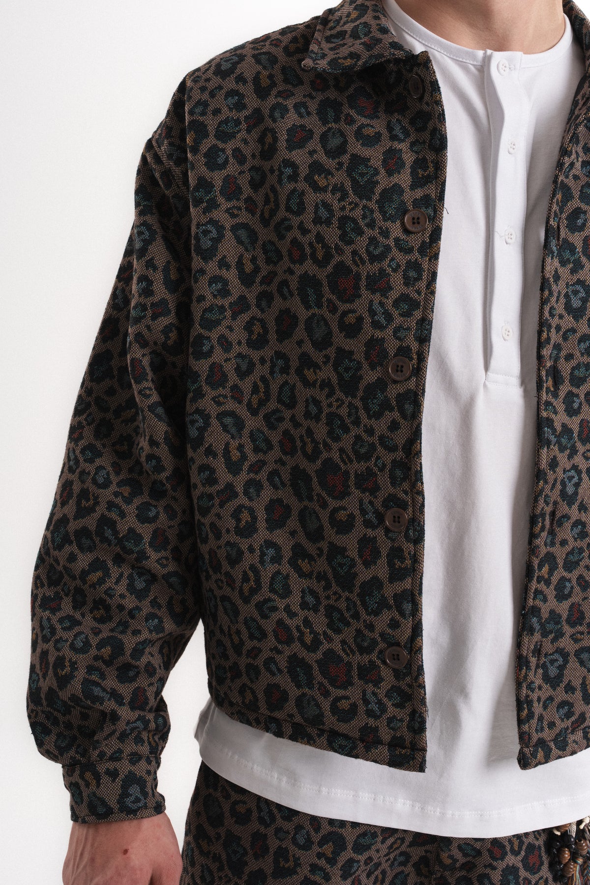 Leopar Desenli Oversize Crop Ceket - Haki