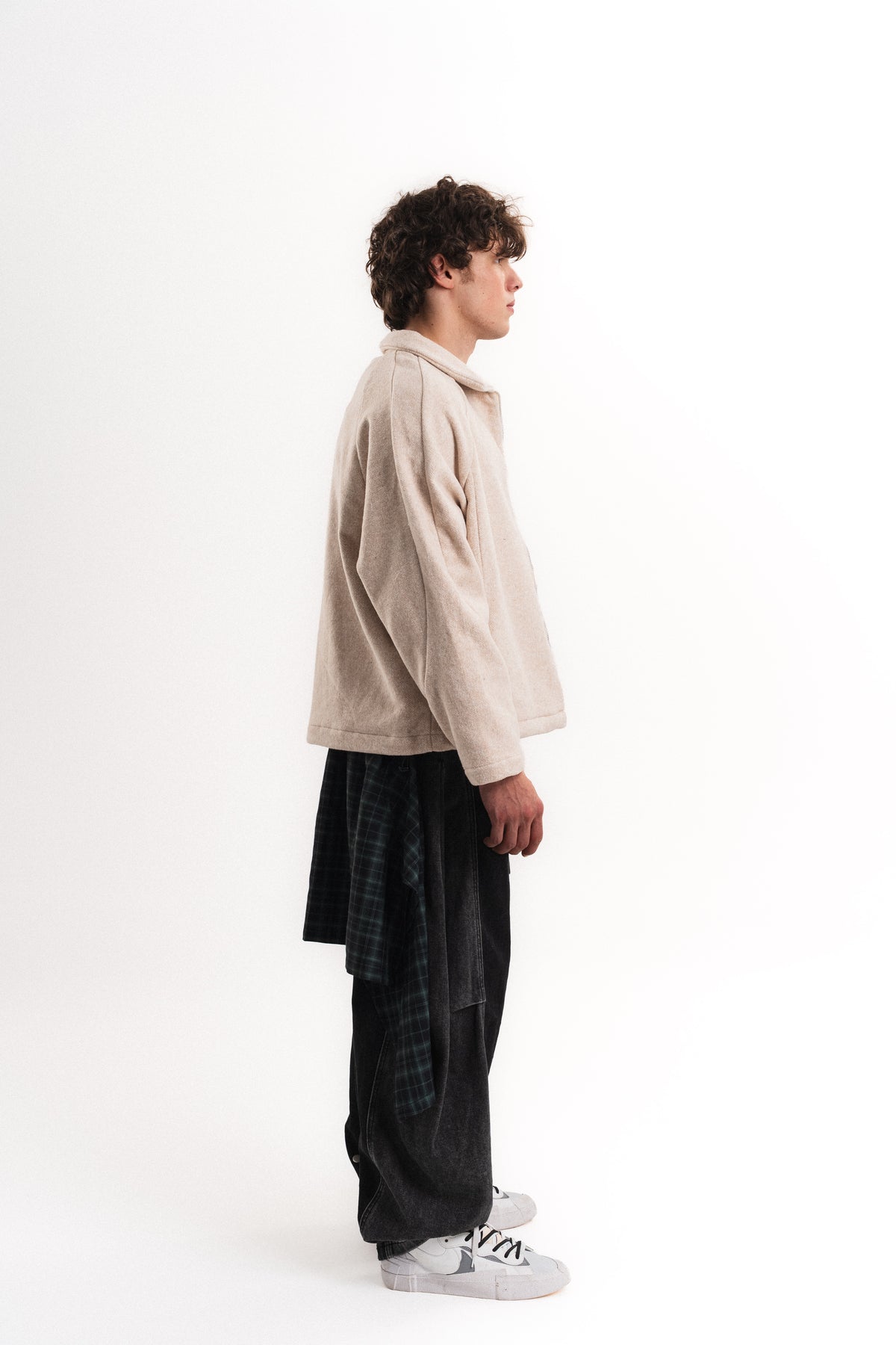 Oversize Crop Fermuarlı Molime Ceket - Bej