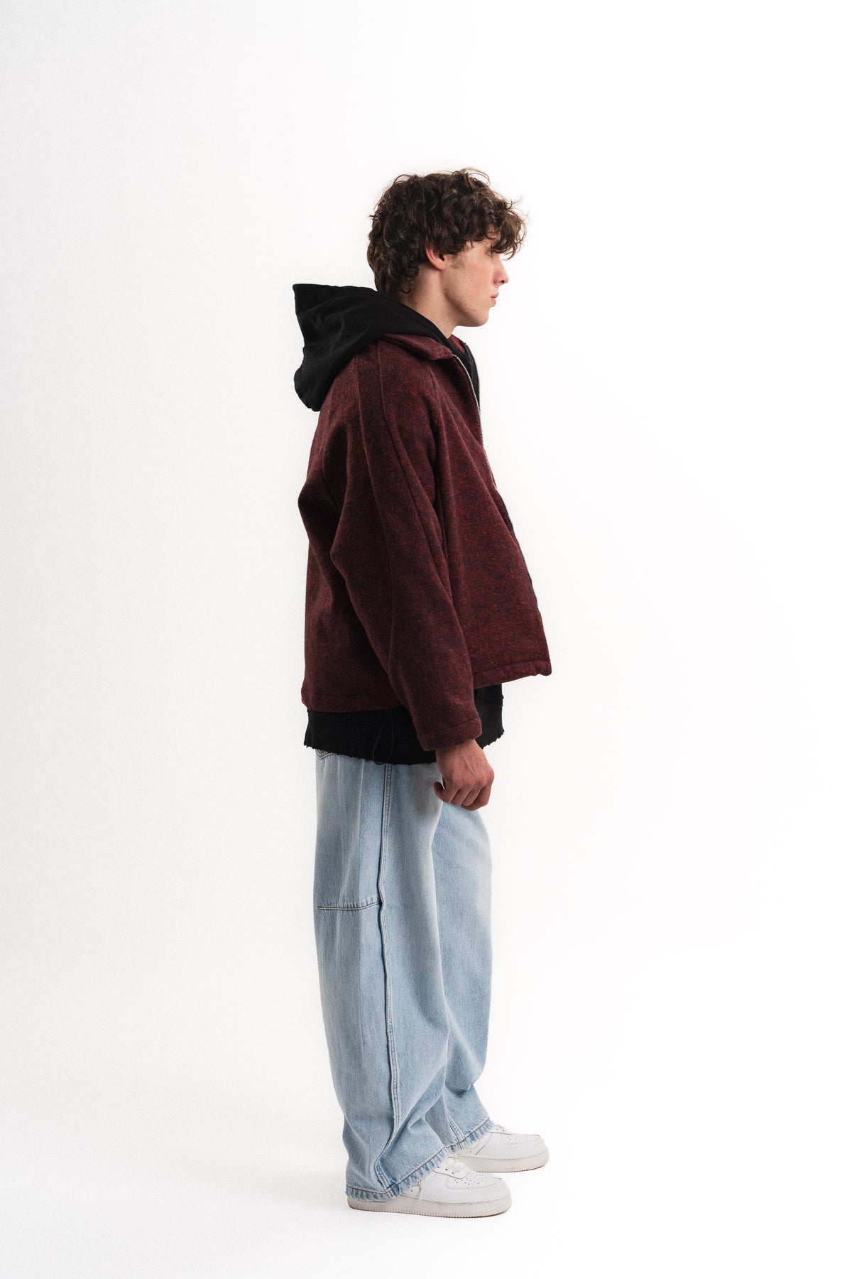 Oversize Crop Fermuarlı Molime Ceket - Bordo