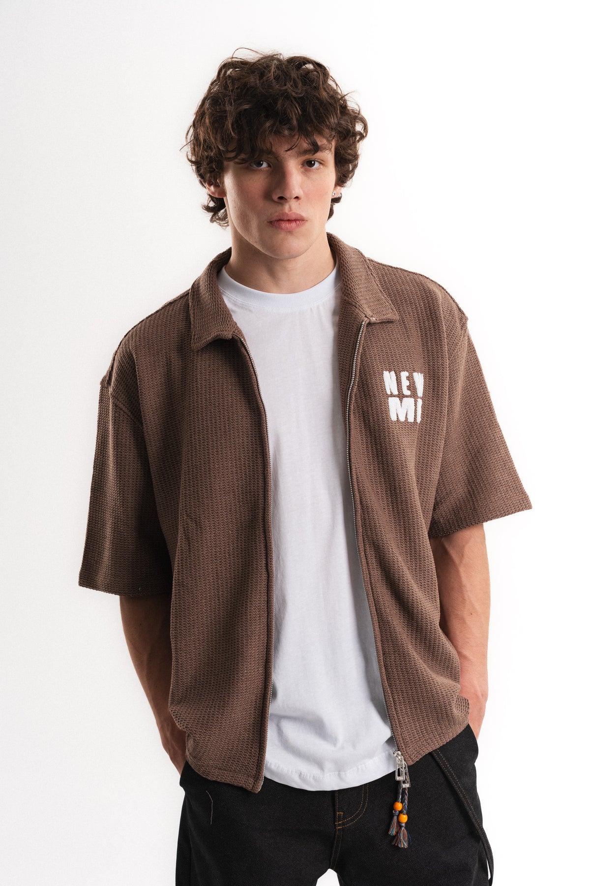 Tiger Nakışlı Oversize Jakar Üst - Kahverengi