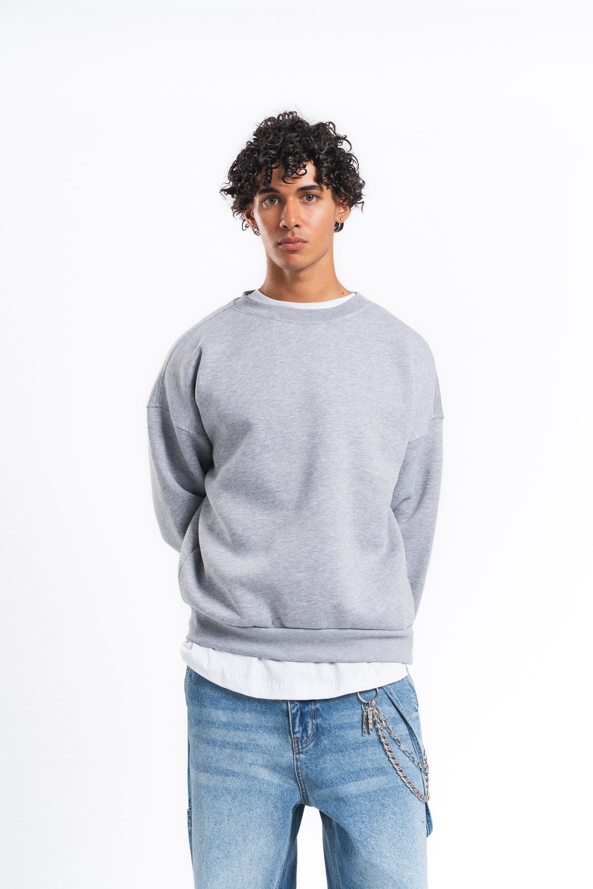 Base Oversize Bisiklet Yaka Sweatshirt Açık Gri