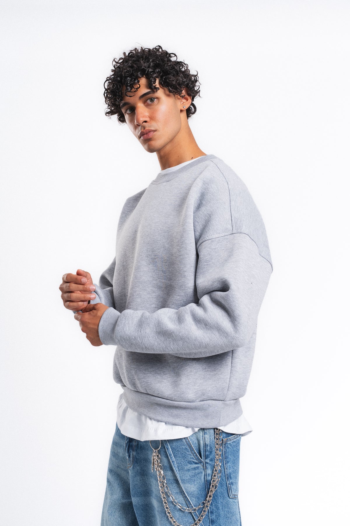 Base Oversize Bisiklet Yaka Sweatshirt Açık Gri