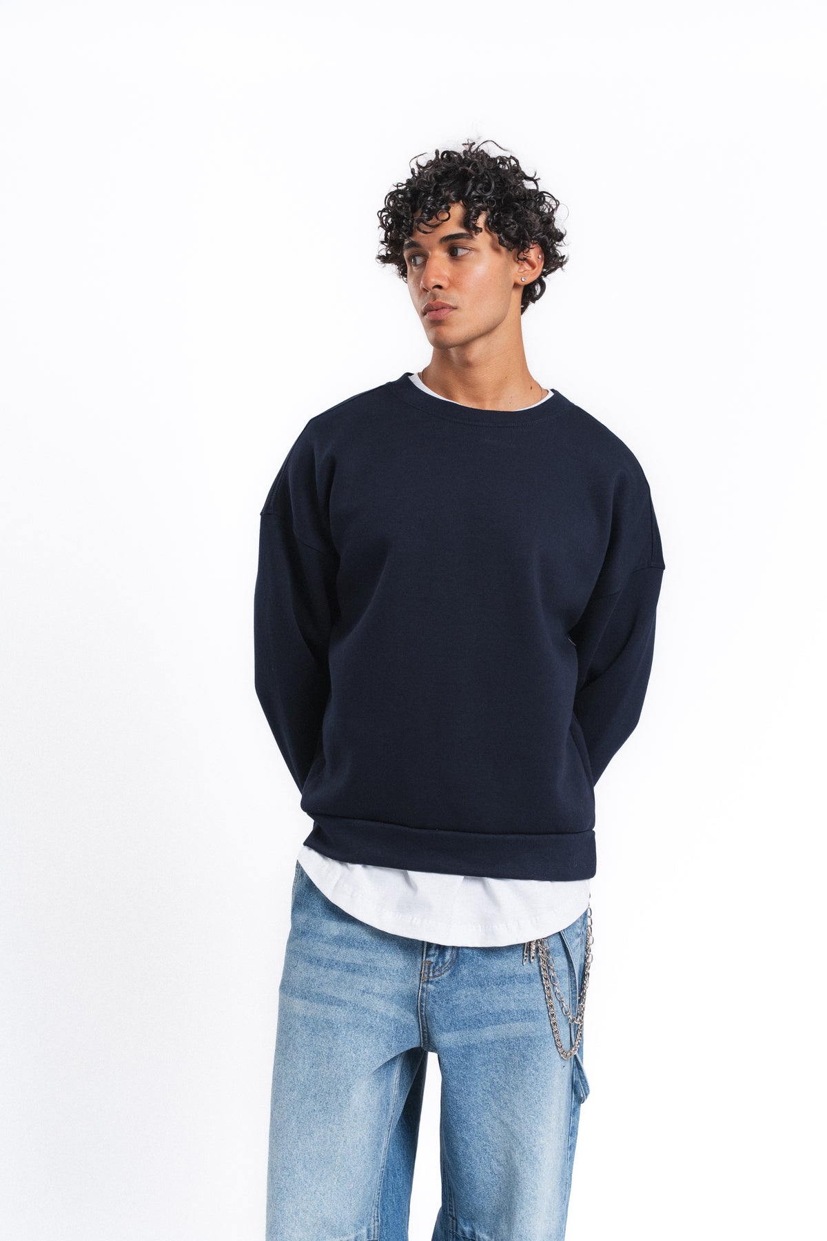 Base Oversize Bisiklet Yaka Sweatshirt Lacivert