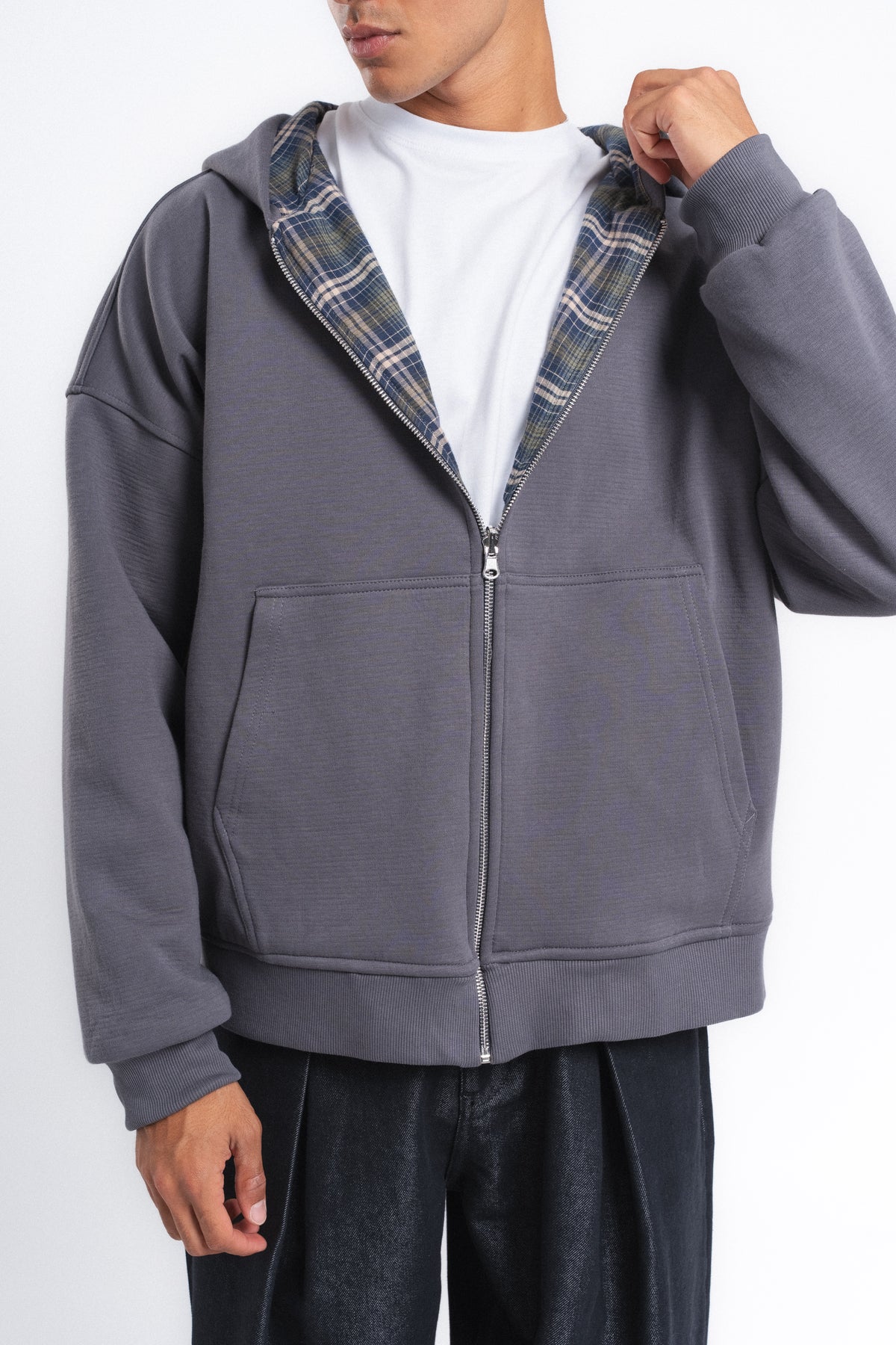 Switch Kareli Çift Taraflı Fermuarlı Hoodie Antrasit