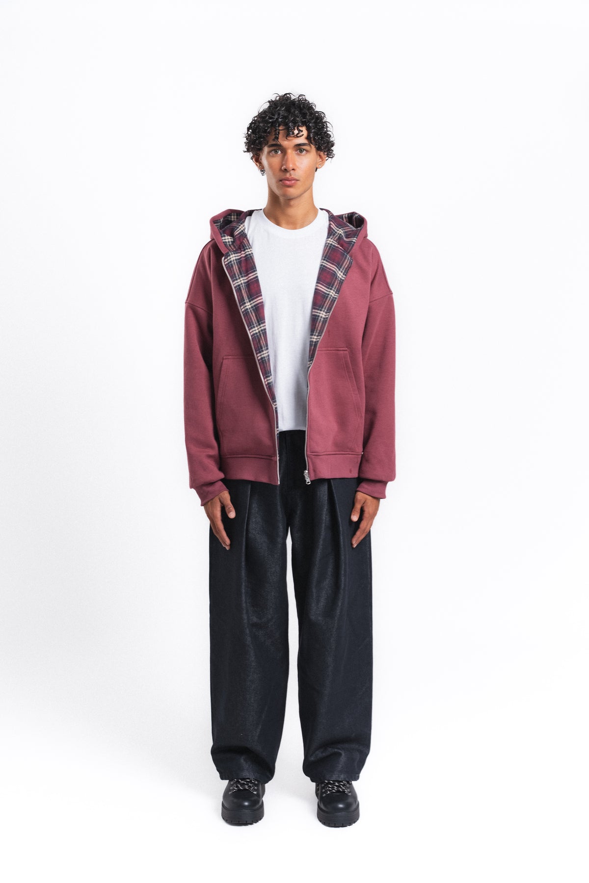 Switch Kareli Çift Taraflı Fermuarlı Hoodie Bordo