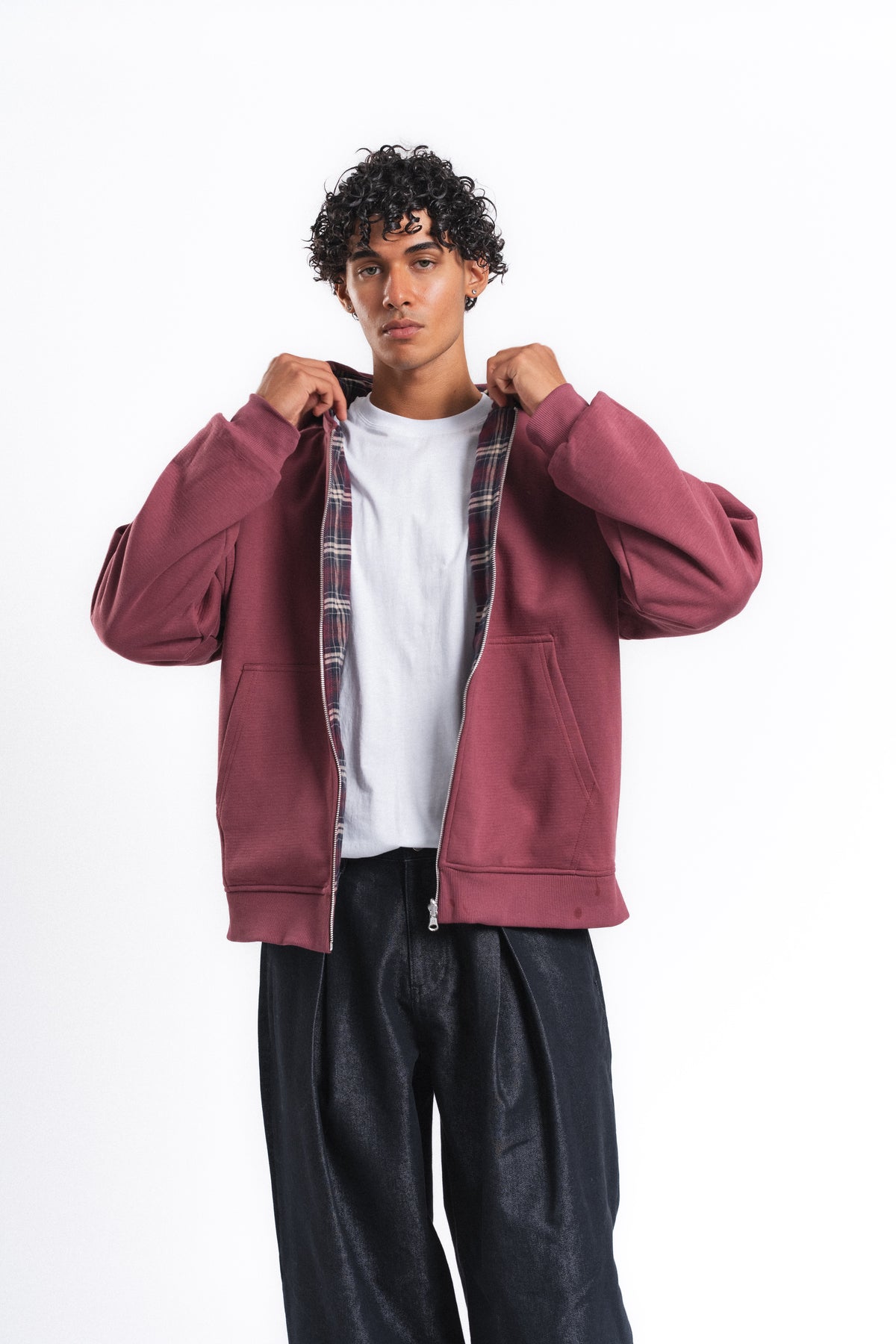 Switch Kareli Çift Taraflı Fermuarlı Hoodie Bordo
