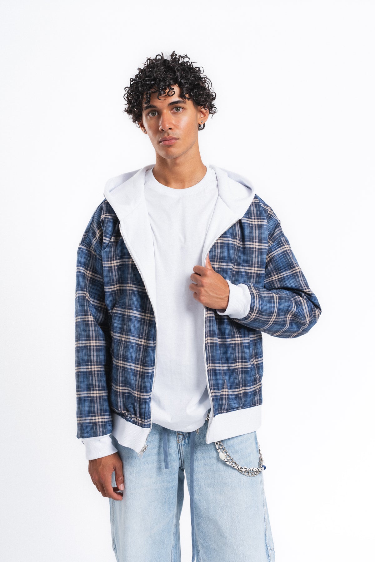 Switch Kareli Çift Taraflı Fermuarlı Hoodie Mavi
