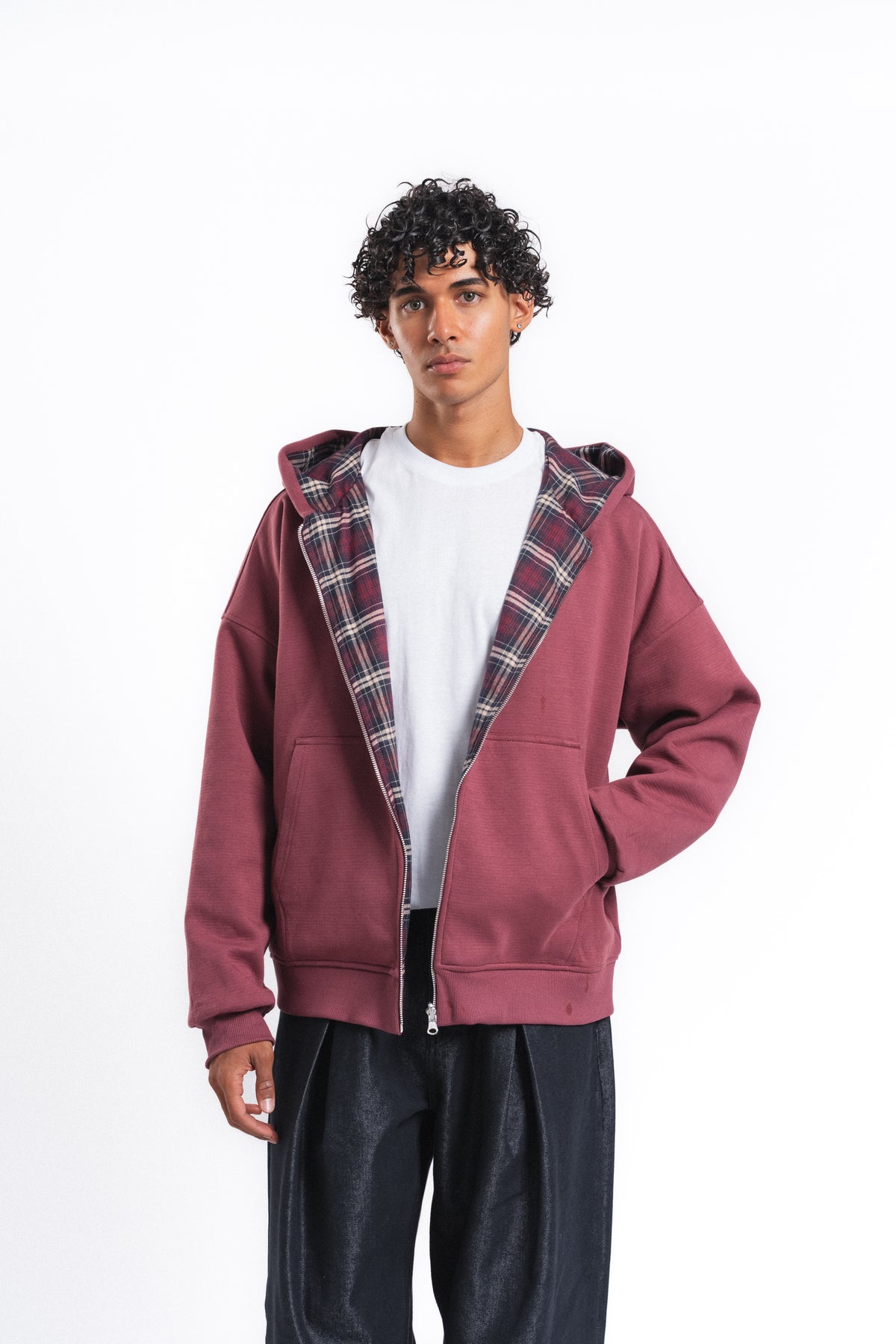 Switch Kareli Çift Taraflı Fermuarlı Hoodie Bordo