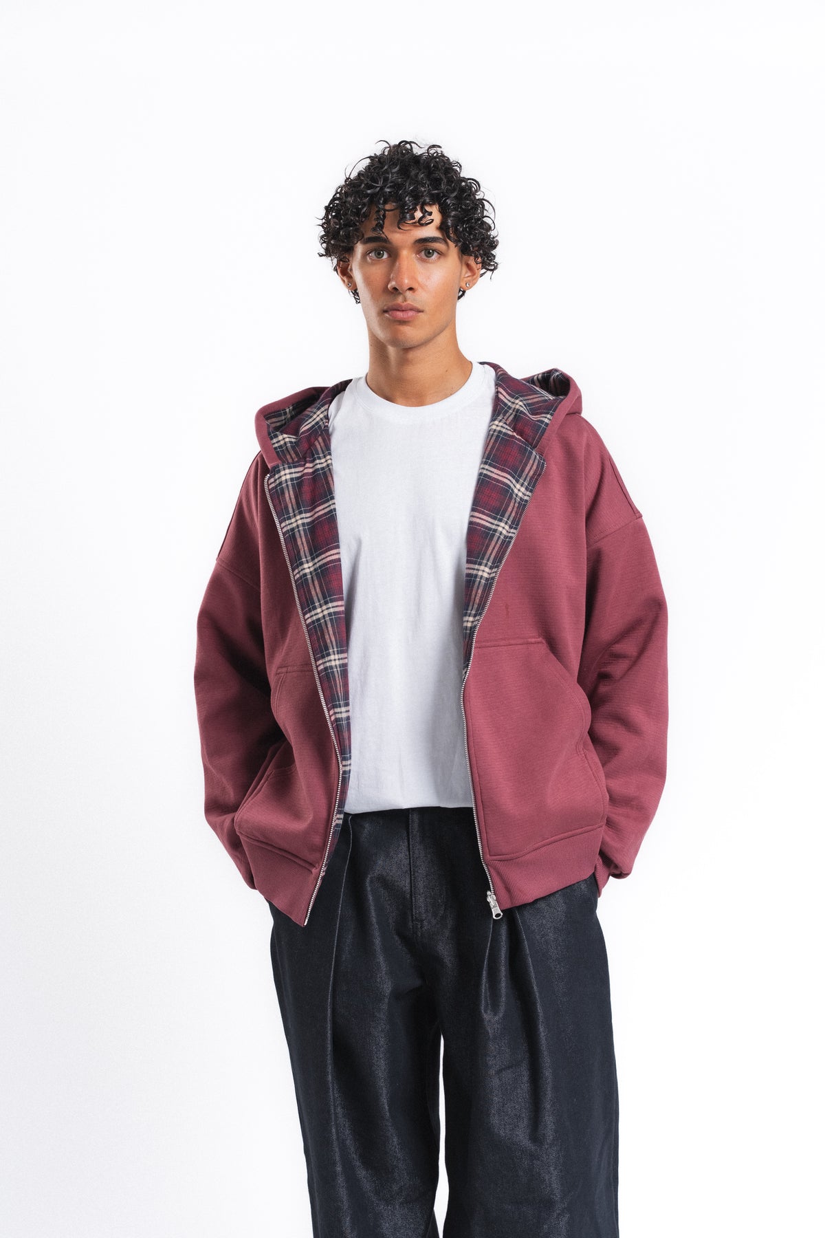 Switch Kareli Çift Taraflı Fermuarlı Hoodie Bordo